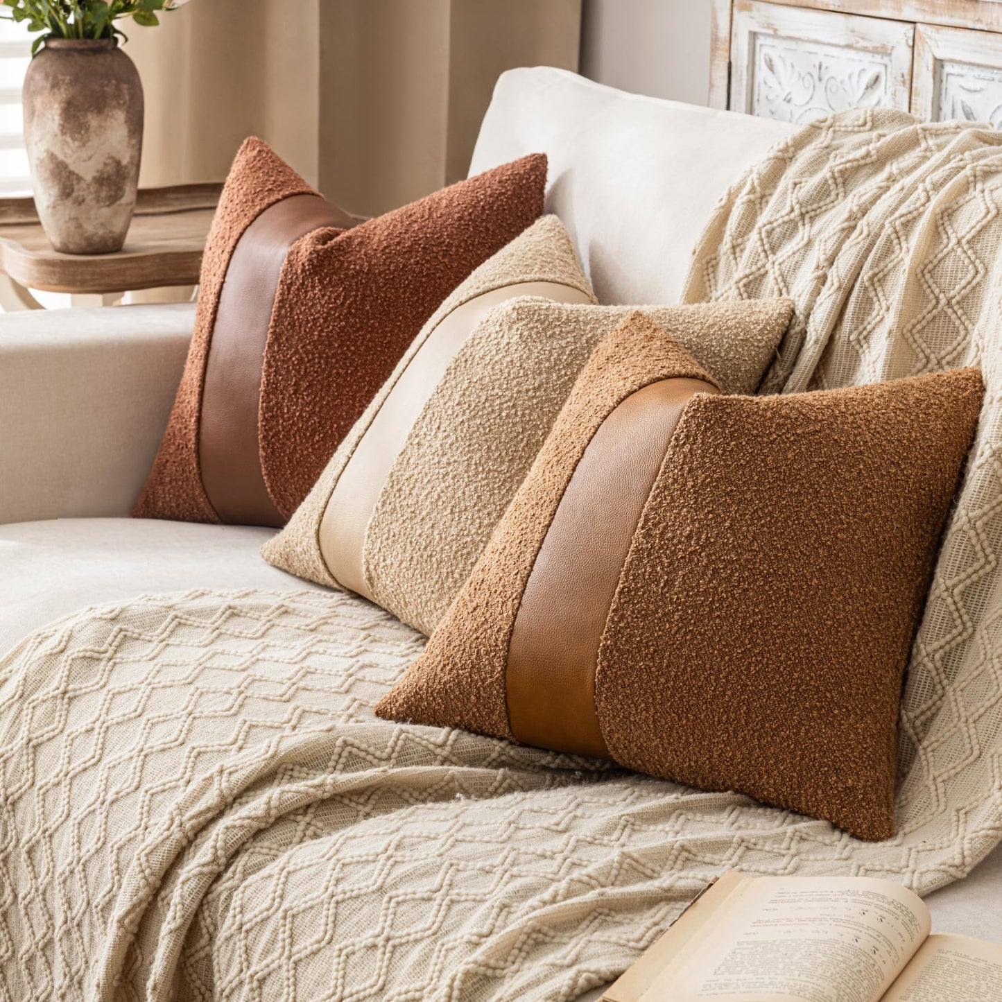 SINYASAN 18"x18" Tobacco Boucle Throw Pillow Covers with Faux Leather Accents Set of 2 Fluffy Textured Decorative Pillow Cases for Couch Bed Boho Farmhouse Square Cushion Covers for Nordic Home Décor