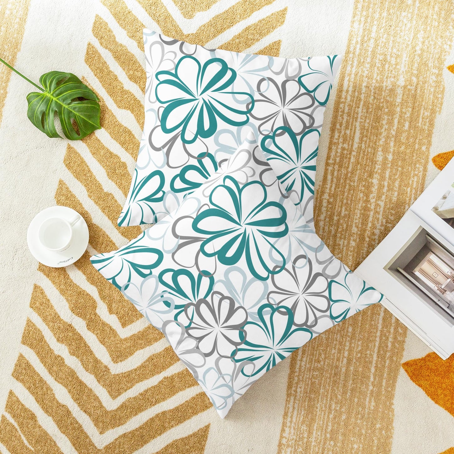 CaliTime Throw Pillow Covers Pack of 2 Cozy Fleece Line Flowers Decorative Cushion Cases for Couch Bed Sofa Farmhouse Decoration 18 X 18 Inches Teal Green Blue Grey