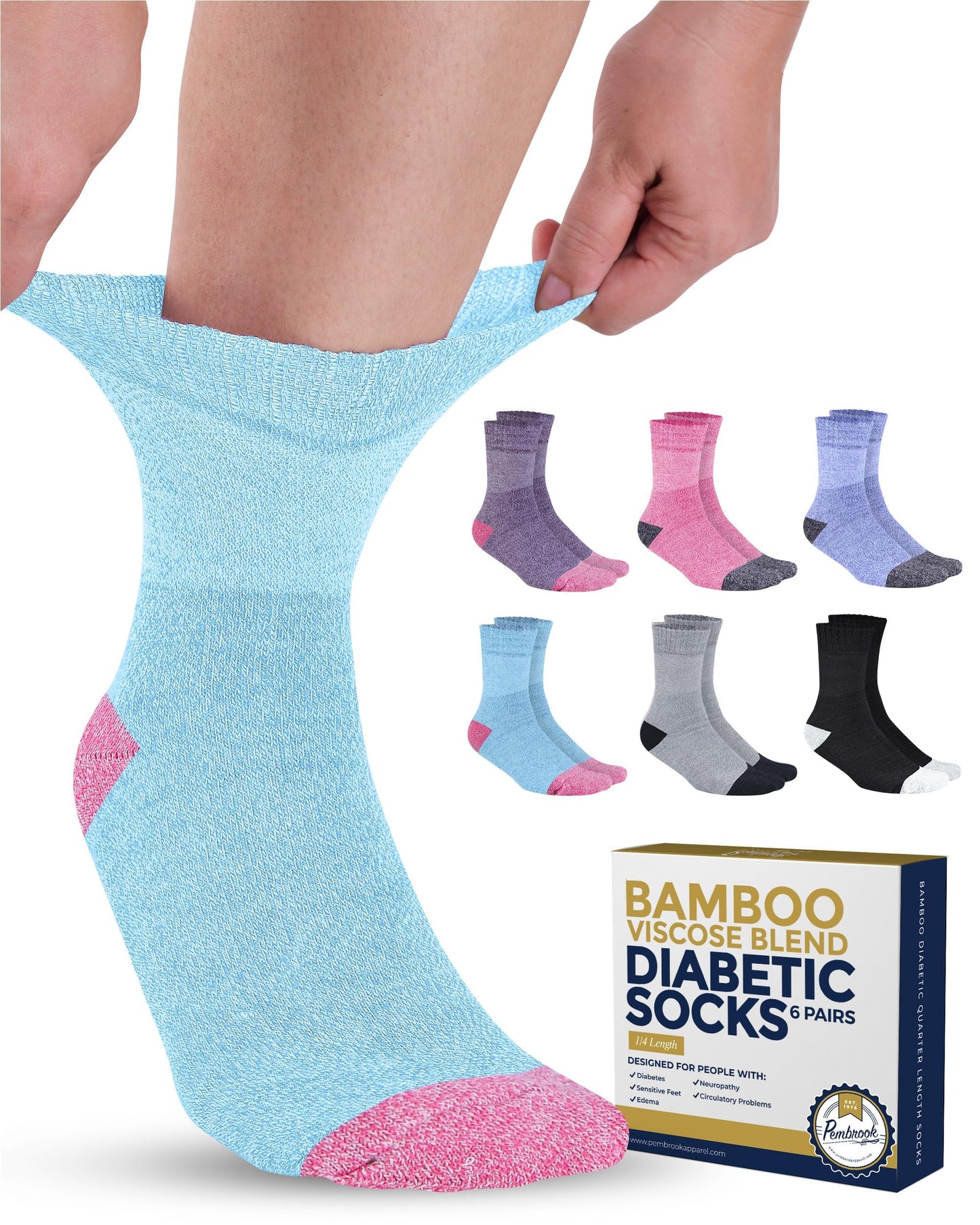 Pembrook Bamboo Viscose Diabetic Socks for Women & Men - 6 Pairs Ankle Neuropathy Socks for Swollen Feet | SpaceDye6