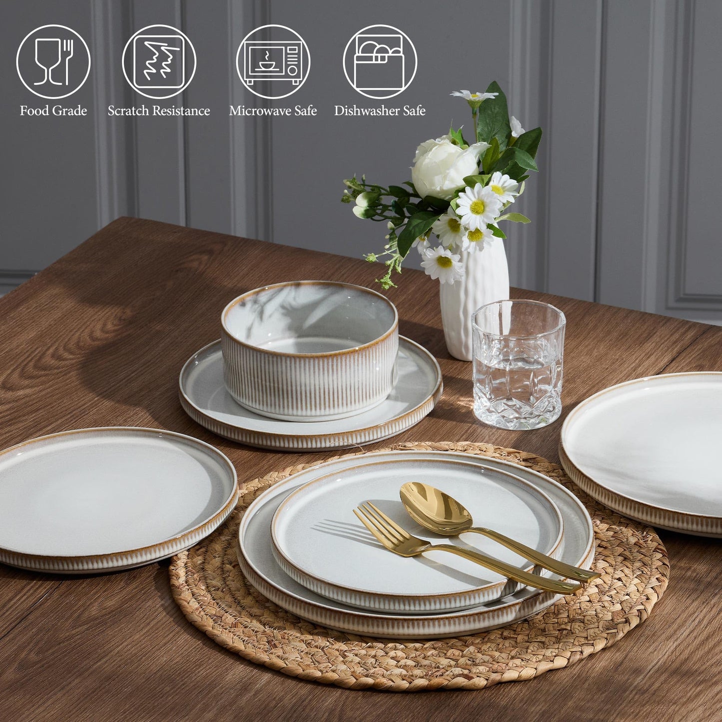 E-far 12-Piece Plates and Bowls Sets, Stoneware Dinnerware Dishes Sets for 4, Kitchen Modern Dining Dishware, Chip & Scratch Resistant, Microwave & Dishwasher Safe, Creamy Beige