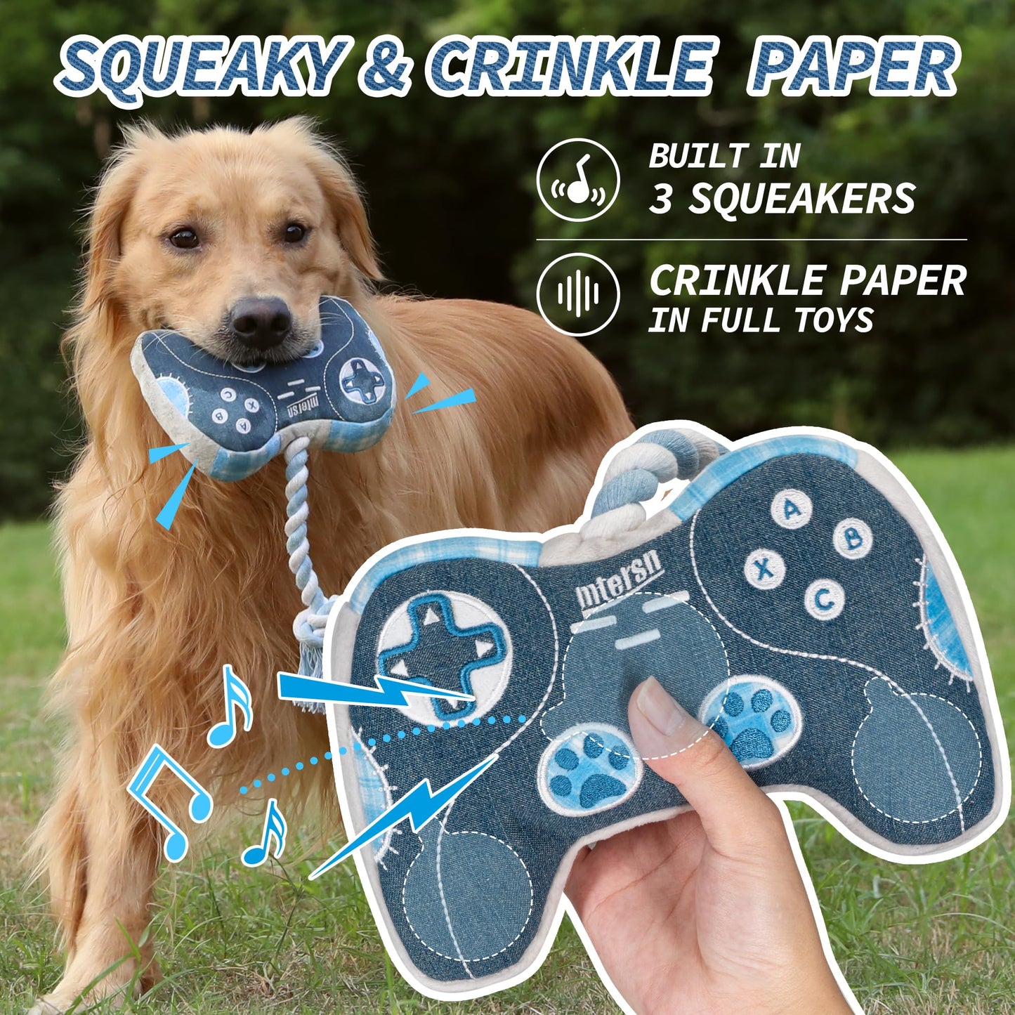 MTERSN Dog Squeaky Toys : Cute Plush Dog Toy with 3 Squeakers and Interactive Dogs Rope Toy with Full Crinkle Paper - Funny Game Controller Shaped Pet Toys for Puppy, Small, Medium Dogs (Denim)