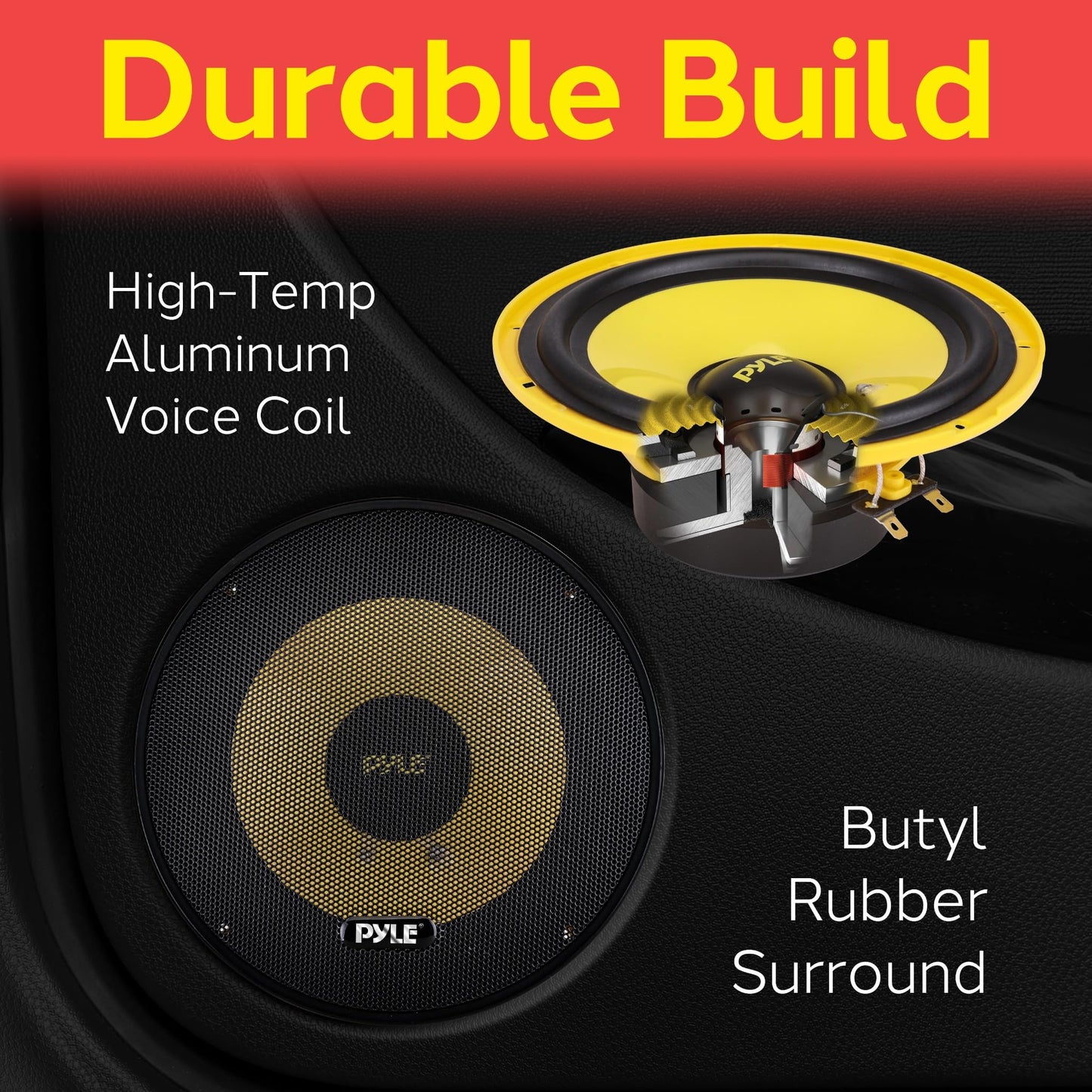 Pyle 2 Way Custom Component Speaker System - 6.5” 400 Watt, with Electroplated Plastic Basket, Butyl Rubber Surround & 40 Oz Magnet Structure - Wire Installation Hardware Set Included - PLG6C, Yellow
