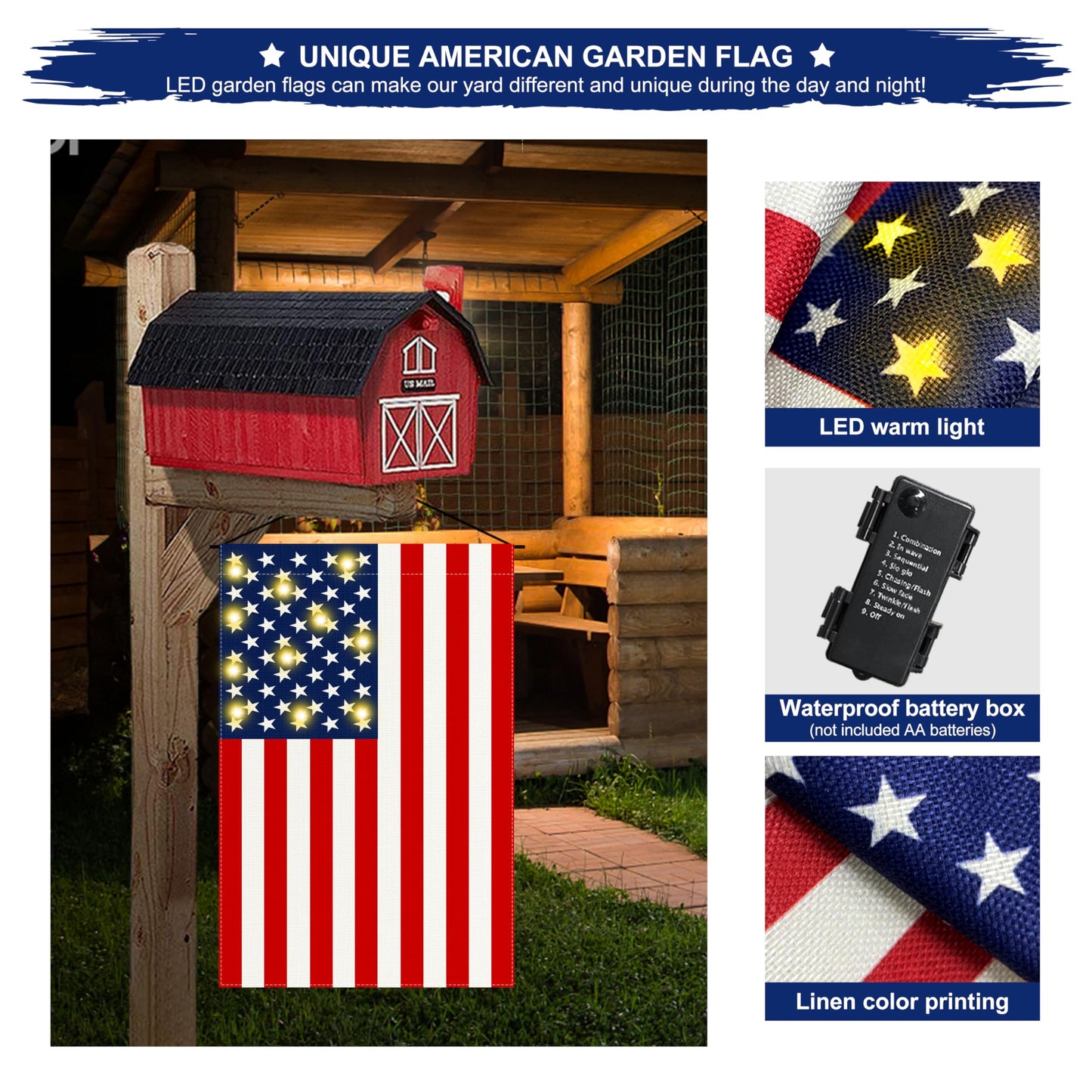ACPOP Lighted Double Sided Garden Flag, Yard Flag for July 4th Independence Day Patriotic Memorial Day, Decorative Banners for Outside Lawn House Party Holiday
