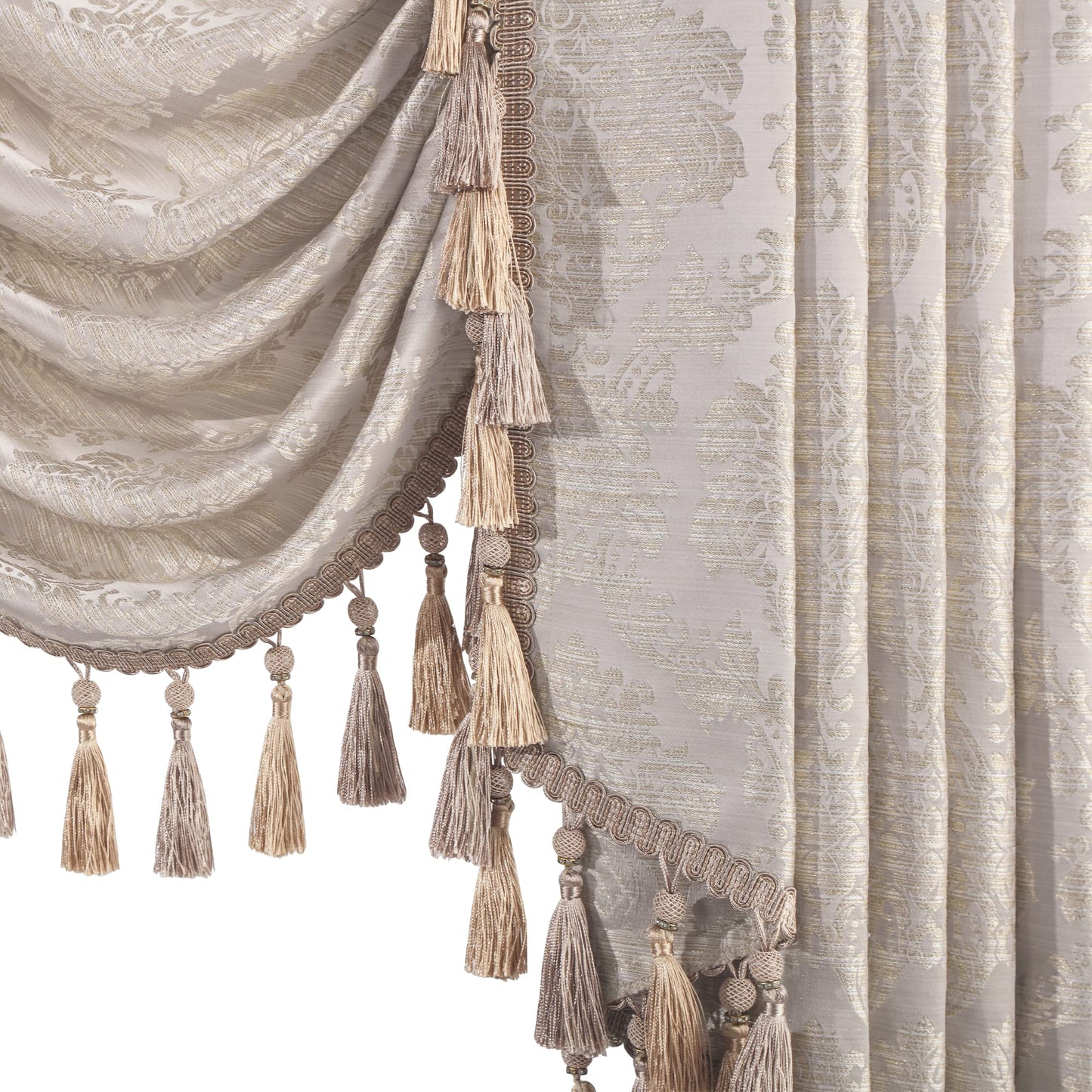 Loom and Mill Luxury Jacquard Waterfall Valance for Living Room, Floral Damask Swag Window Valances with Multi-Tassels, Elegant Swag Curtains for Bedroom Holiday Banquet Decor(W39, Light Taupe+Gold)