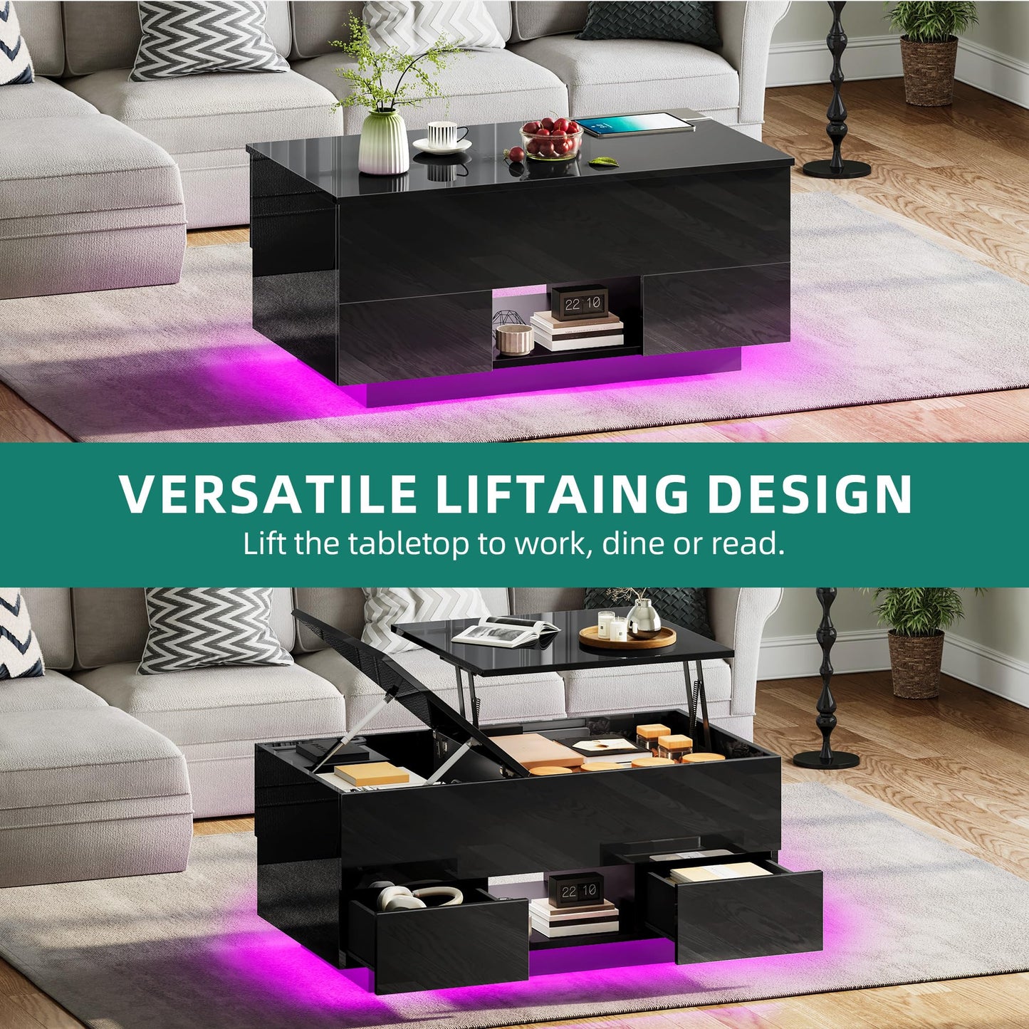 YITAHOME LED Lift Top Coffee Tables with Power Outlets Charging Station for Living Room, Modern Coffee Table with Storage 2 Drawers and Open Shelfs Rectangular Small Coffee Table Decor, Glossy Black
