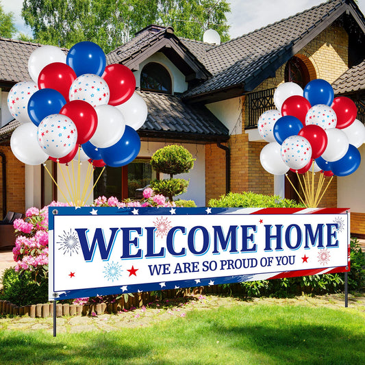 36 Pieces Welcome Home Banner Decoration Set, Large Fabric We Are So Proud of You Banner with 35 Pieces Latex Balloons for Deployment Returning Party Supplies Military Army Homecoming (Star Style)