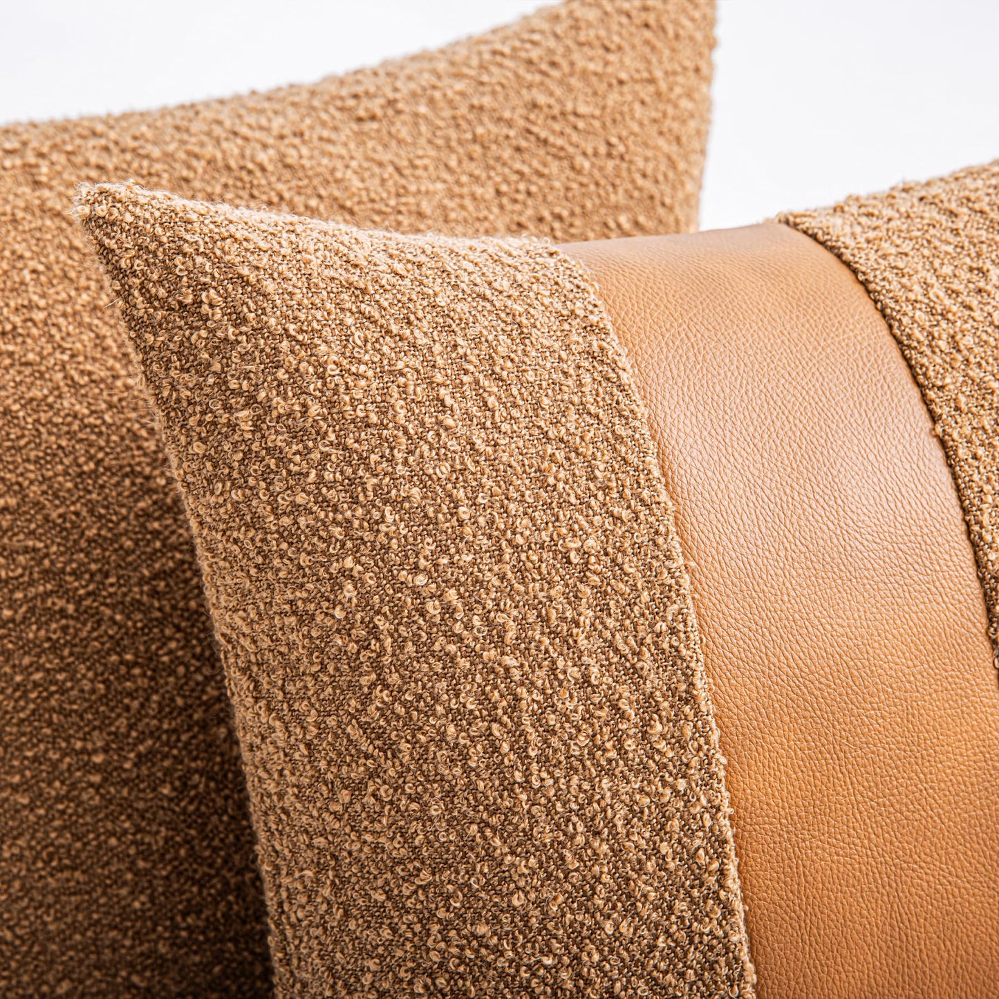 SINYASAN 18"x18" Tobacco Boucle Throw Pillow Covers with Faux Leather Accents Set of 2 Fluffy Textured Decorative Pillow Cases for Couch Bed Boho Farmhouse Square Cushion Covers for Nordic Home Décor