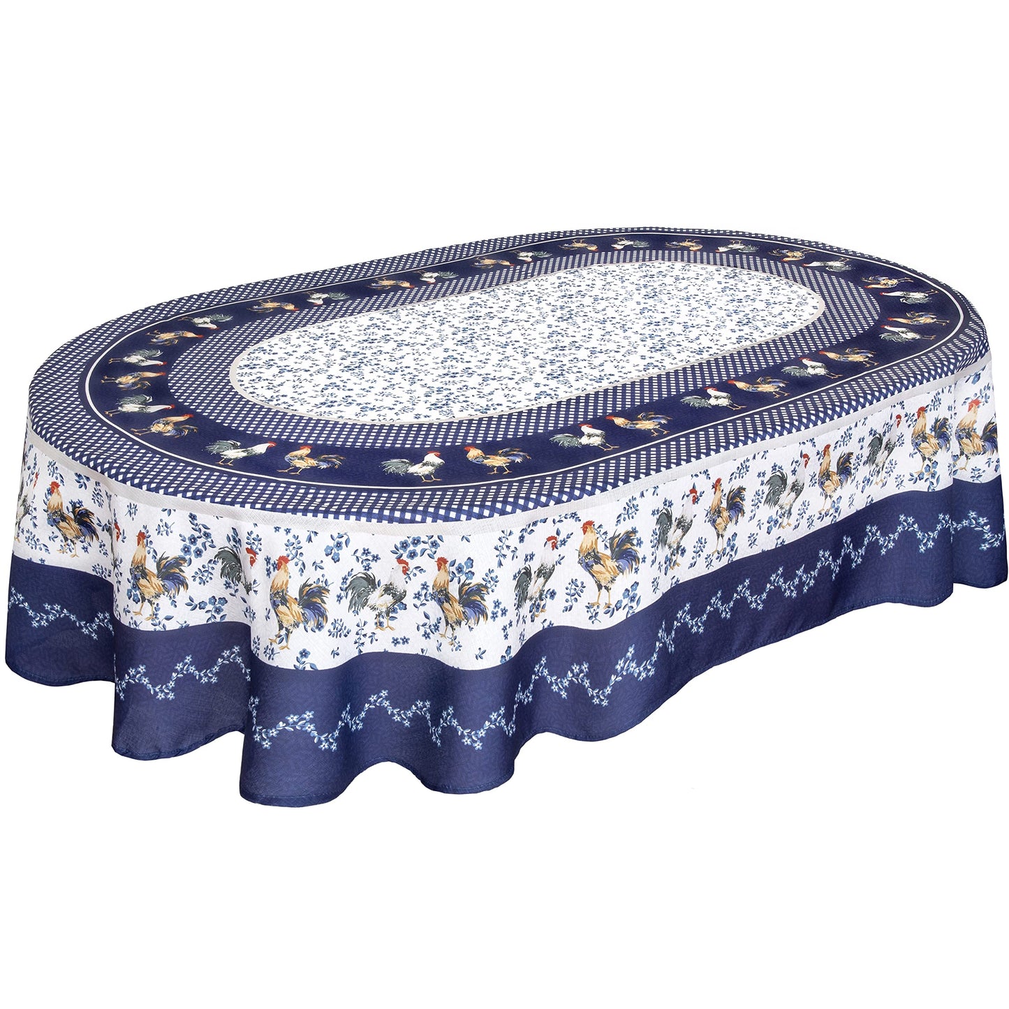 Home Bargains Plus Oval Fabric Tablecloth, 60 x 84 Inch, Blue Provence Rooster, Wrinkle, Water and Stain Resistant Country Provence Table Cloth, Farm