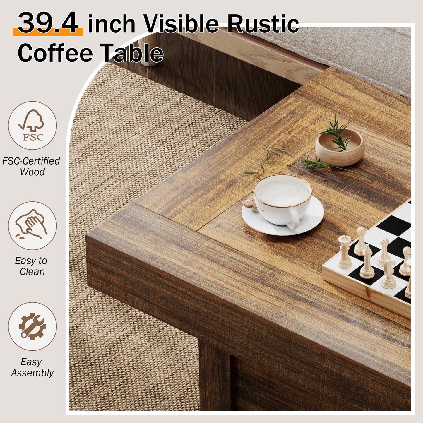 Lareth Coffee Table 39 in Rustic Center Table with X-Design Wooden Pedestal for Living Room, Space Saving, Easy Assembly Rectangle Home Office Tea Accent Table for Dining Room Apartment, Walnut