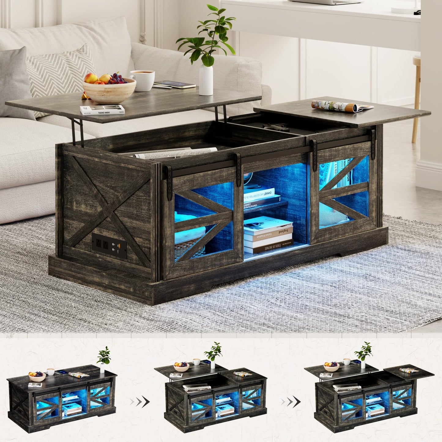 Lift Top Coffee Table with Gun Cabinet, 2 Sliding Barn Doors-Large Storage and 3 Color LED Lights fit Modern Rectangular Rustic Living Room Center Table（Dark Oak）