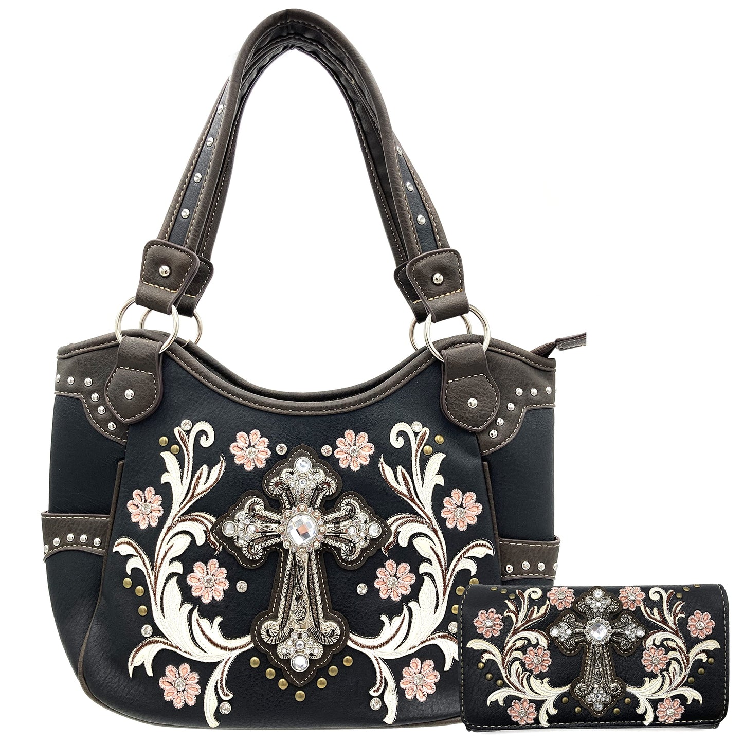 Zelris Western Cross Daisy Flower Women Conceal Carry Tote Handbag Purse Set (Colorful Black)