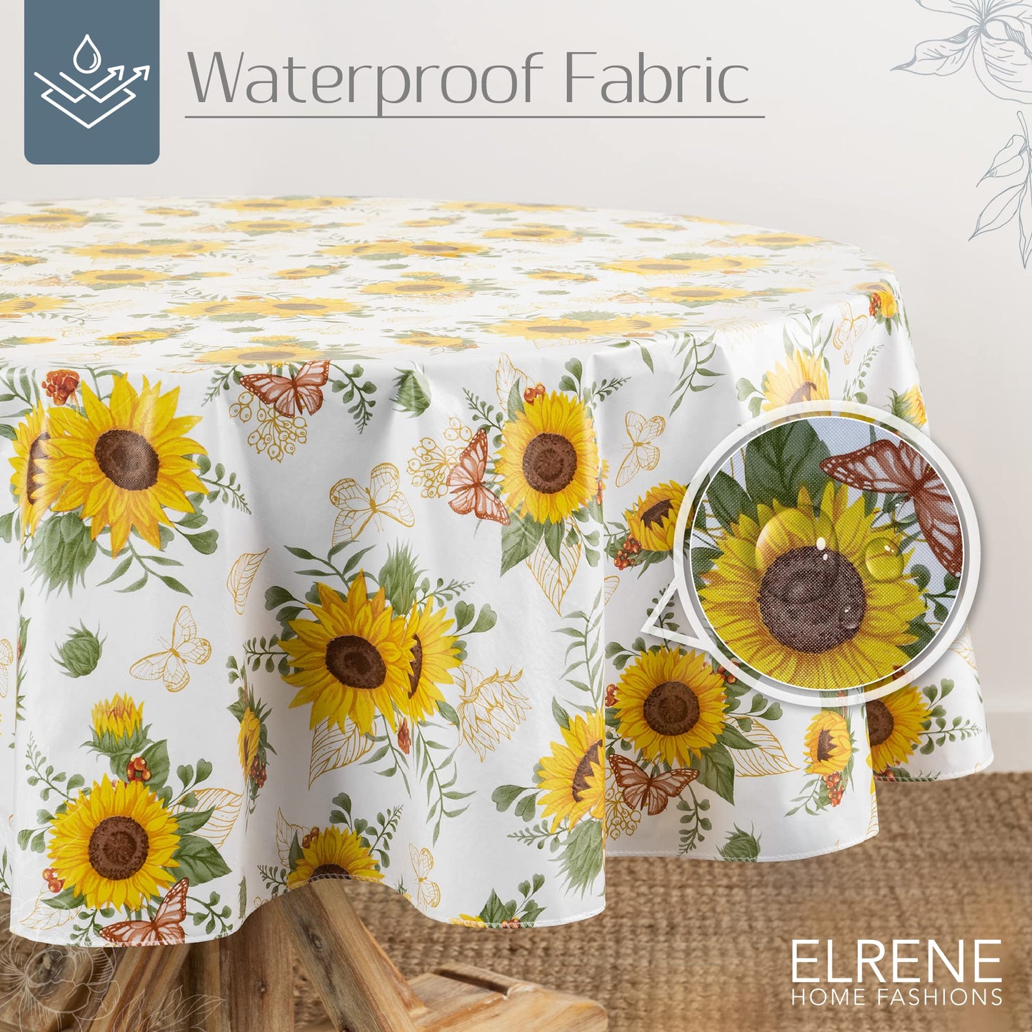 Elrene Home Fashions Sunflower Season Vintage Floral Water- and Stain-Resistant Vinyl Tablecloth with Flannel Backing, 60 Inches X 84 Inches, Oval