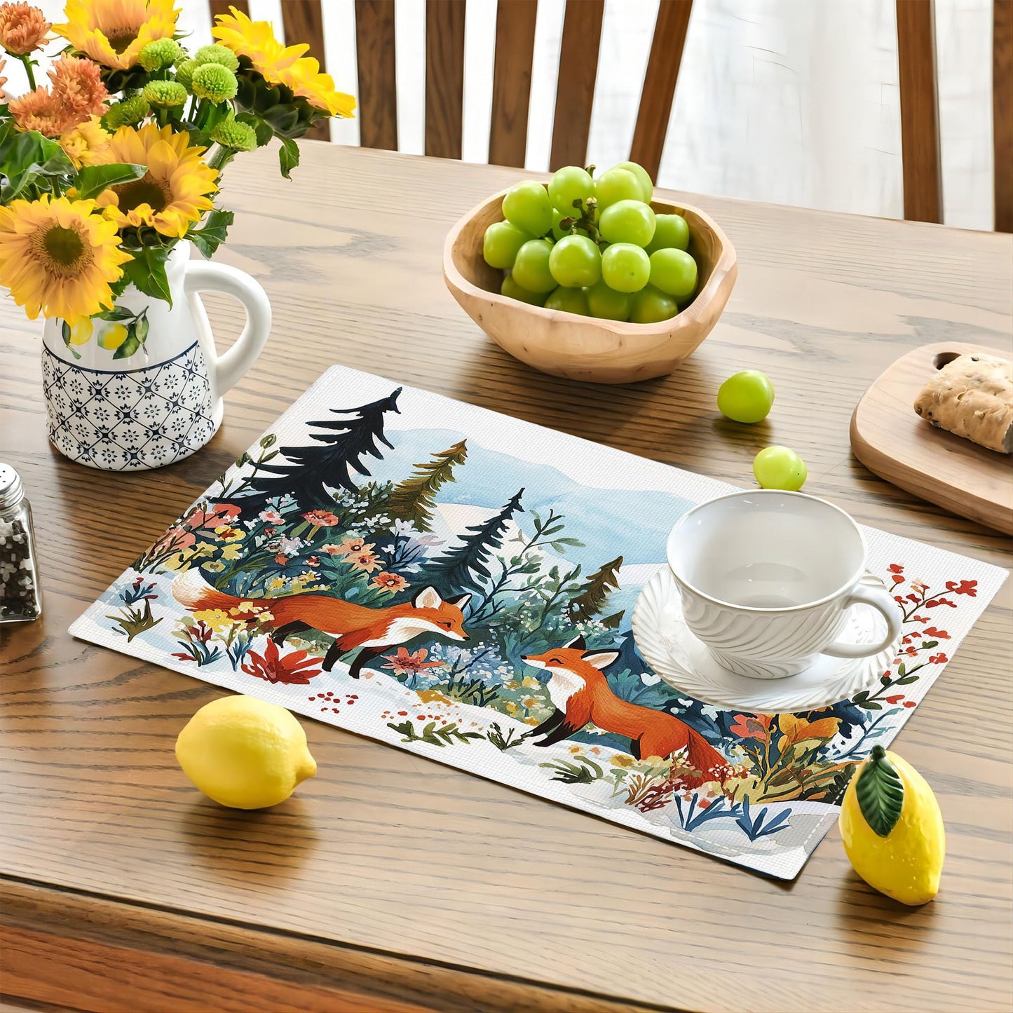 Fox Animal Placemats Set of 4 Winter Forest Landscape Fox Place Mat Machine Washable Place Mats for Dinner Table Mats 4 PCS