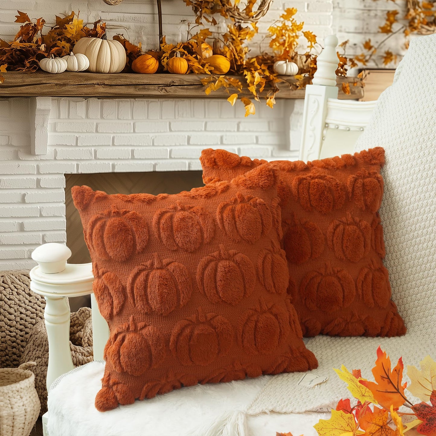 GEEORY Fall Pillow Covers 18 x 18 Inch Set of 2, Fall Decorations Pumpkins Soft Plush Fluffy Faux Fur Wool Decorative Autumn Farmhouse Cushion Case for Sofa Rust GC019-18