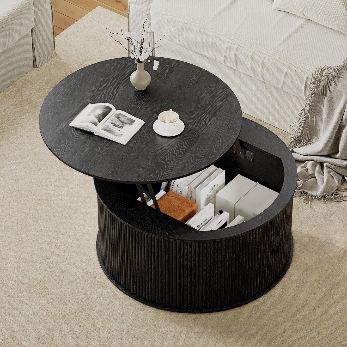 NVETHM Round Coffee Table, Lift Top Coffee Table with Storage, Farmhouse Fluted Center Table Circle Dining Table for Living Room, Reception Room, Home Office (Black)