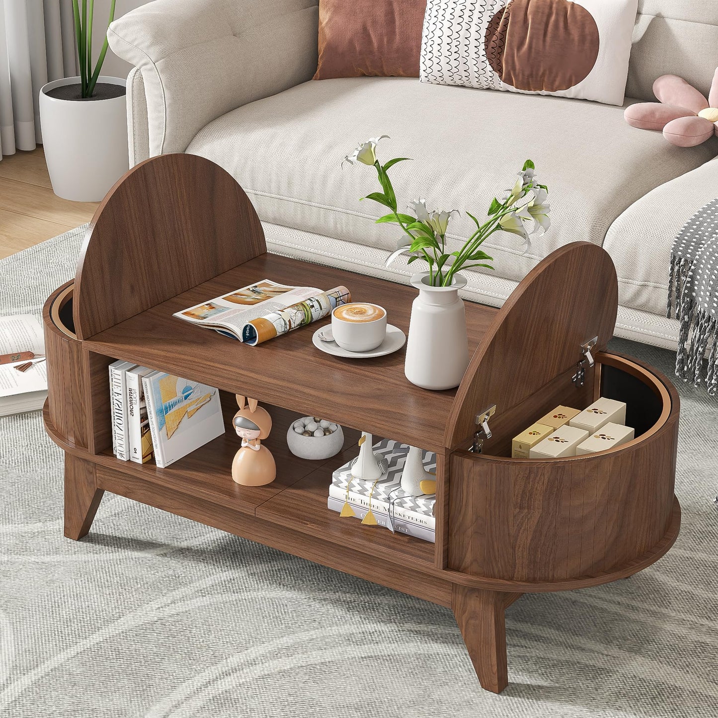 Coffee Table with Storage,Mid Century Modern Coffee Tables with 2 Flip-Top Hidden Lids,Fluted Coffee Table,Wood Center Tables for Living Room Home Office (Walnut Color)