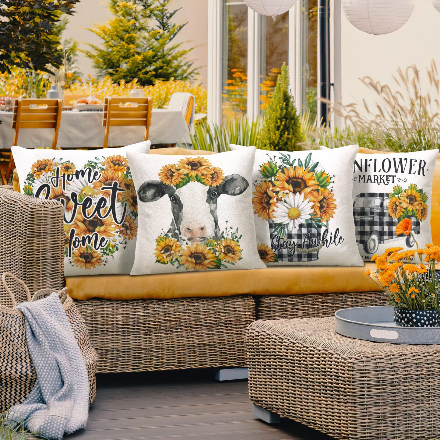 Hofomca Spring Summer Sunflower Throw Pillow Covers 18x18 Set of 4,Yellow Flowers Cushion Case Farmhouse Black and White Cow Buffalo Plaid Pattern Home Decorative for Couch Sofa Outdoor Living Room