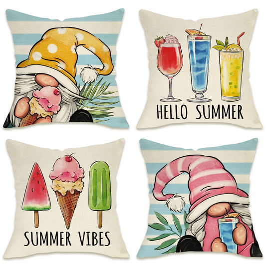Fahrendom Hello Summer Vibes Gnome Decorative Throw Pillow Cover 18 x 18 Set of 4, Ice Cream Popsicle Juice Porch Patio Outdoor Pillowcase, Stripes Seasonal Farmhouse Couch Cushion Case Home Decor