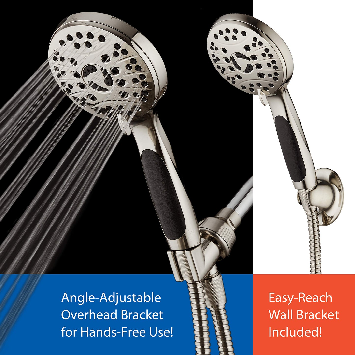 AquaSpa for California - High Pressure 6-setting Luxury Handheld Shower Head, 6 Ft Stainless Steel Hose, Anti Clog Jets, Anti Slip Grip, Top US Brand, Extra Wall Bracket - Brushed Nickel Finish