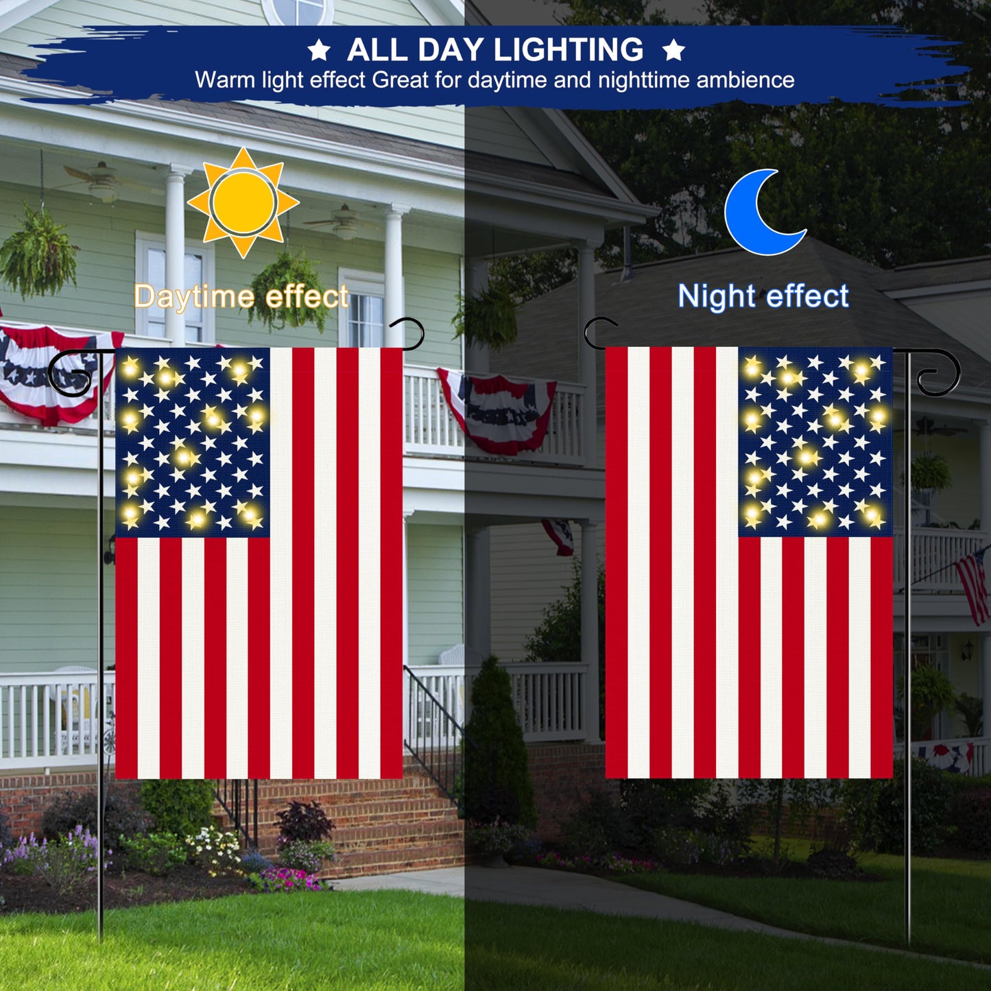 ACPOP Lighted Double Sided Garden Flag, Yard Flag for July 4th Independence Day Patriotic Memorial Day, Decorative Banners for Outside Lawn House Party Holiday