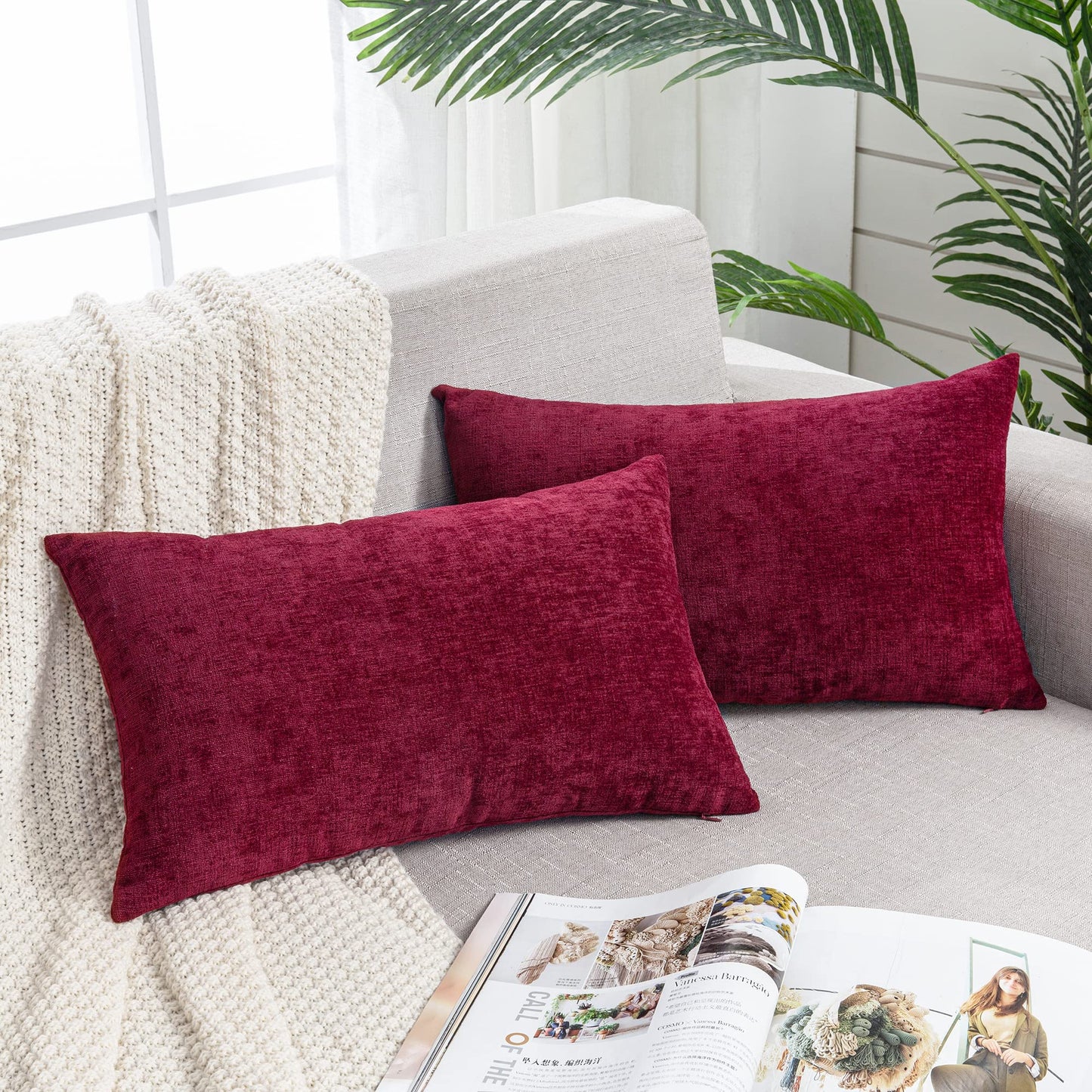 GAWAMAY Lumbar Decorative Throw Pillow Covers 12"x20" Inch Set of 2, Super Soft Chenille Rectangle Pillowcase for Living Room Bedroom Sofa Couch Cushion Pillow Cover Burgundy Red 30x50cm (ONLY COVERS)