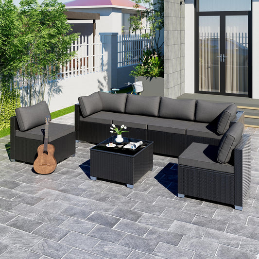 ELEGIBLISS 7 Pcs Patio Sectional Sofa - Outdoor Conversation Set PE Wicker Rattan Furniture with Coffee Table Patio Furniture for Porch Poolside Backyard Garden Modular Sofa Black Rattan
