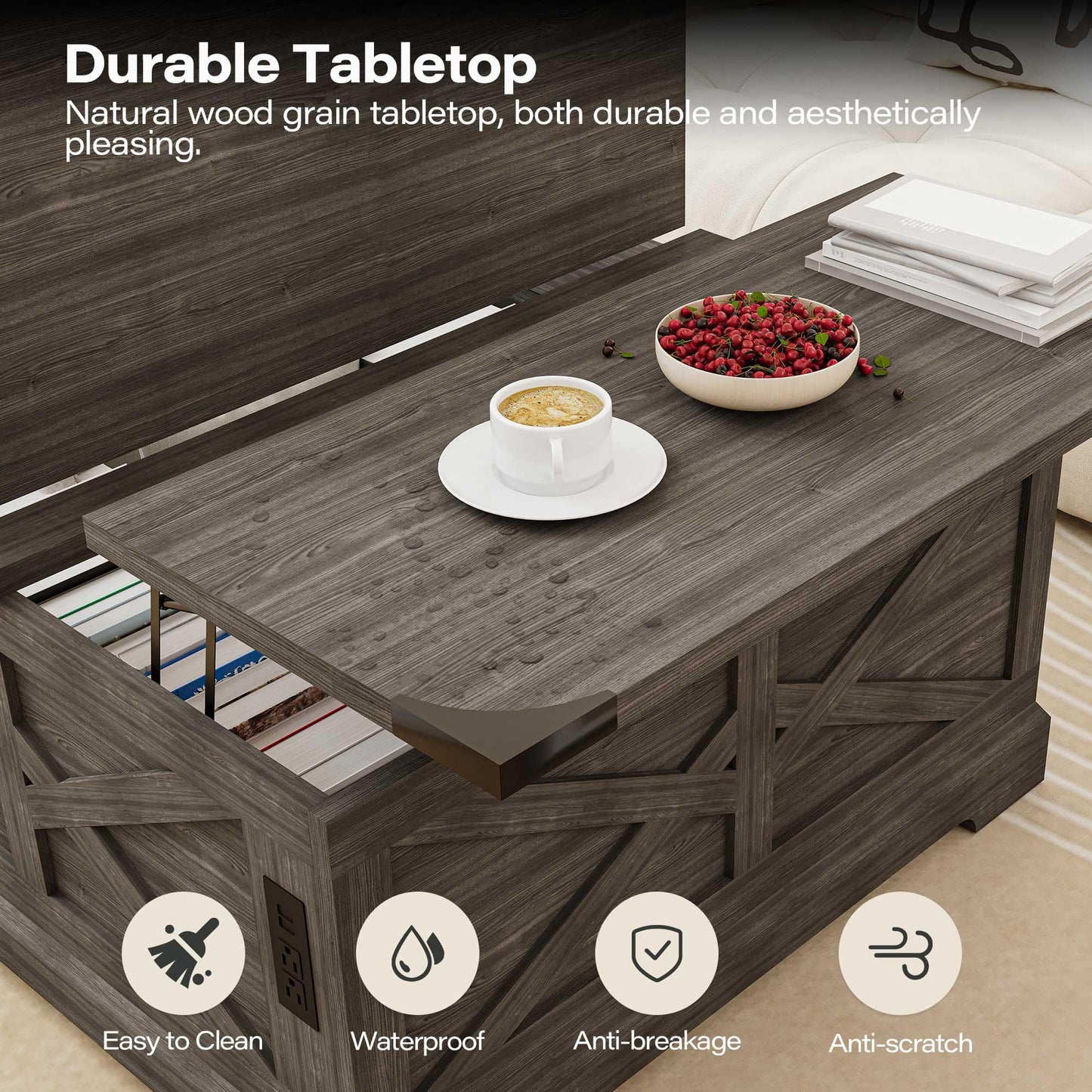 LAUSAINT HOME Farmhouse Lift Top Coffee Table with Large Hidden Storage Compartment, Wood Square Center Table with Lifting Top for Living Room, Home Office,Gray