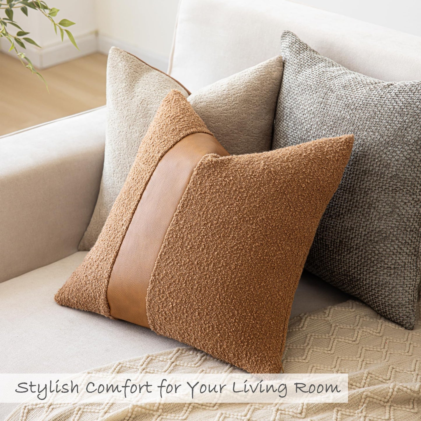 SINYASAN 18"x18" Tobacco Boucle Throw Pillow Covers with Faux Leather Accents Set of 2 Fluffy Textured Decorative Pillow Cases for Couch Bed Boho Farmhouse Square Cushion Covers for Nordic Home Décor