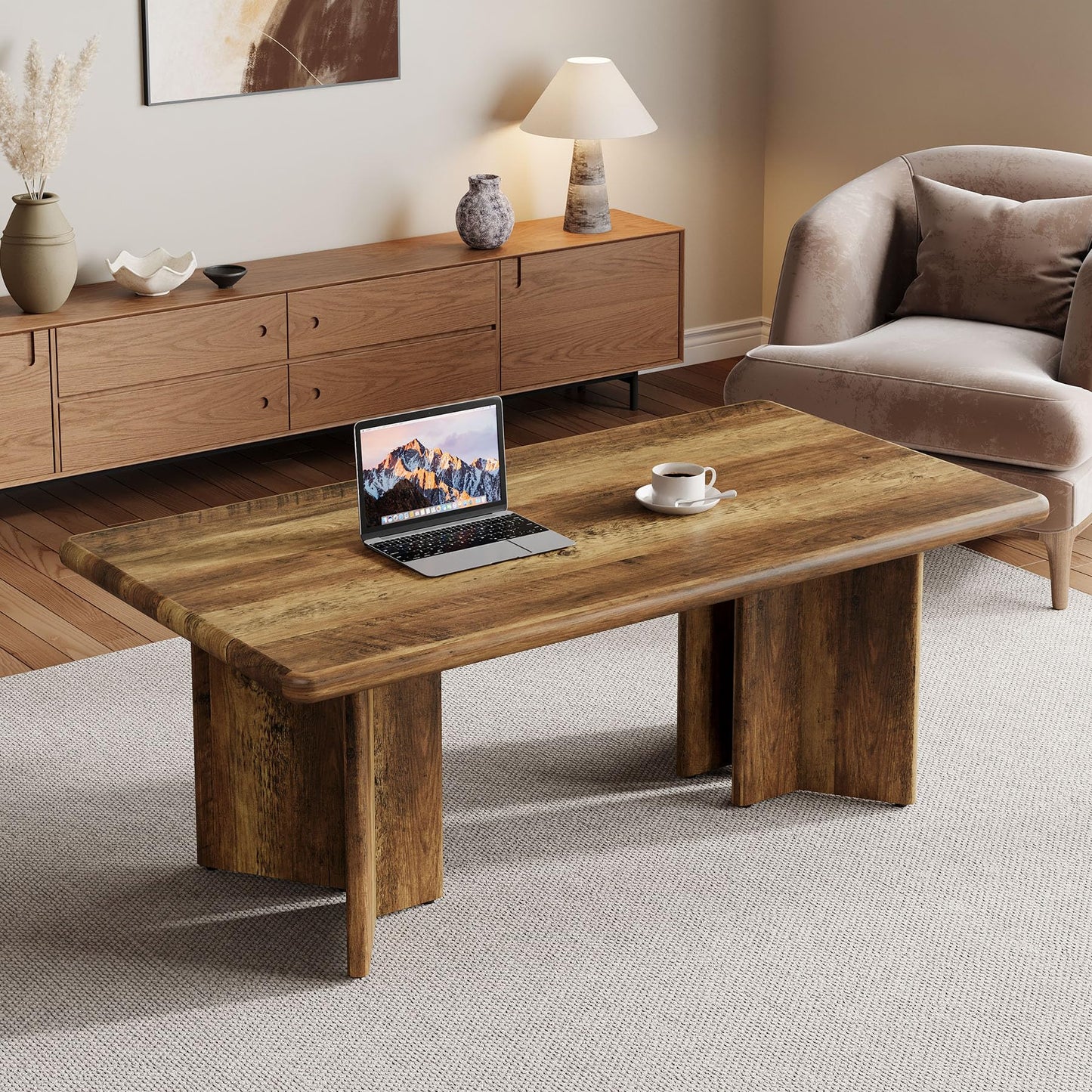 Tribesigns Rectangle Coffee Table, 47.24-Inch Farmhouse Low Cocktail Tea Table, Home Living Room Center Furniture, Rustic Brown