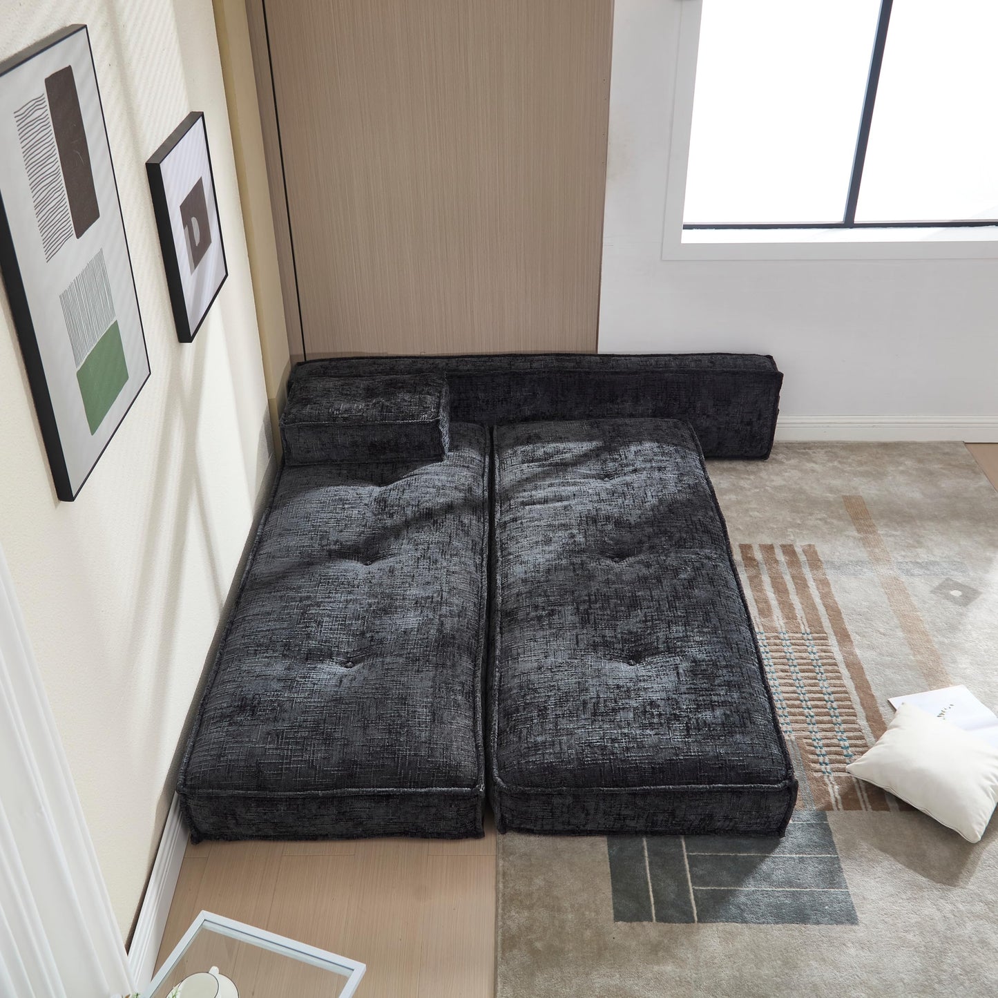 VYNELITO Modular Couch Convertible Sleeper Floor Sofa Bed, Chenille Folding Mattress Couch with Side Bag Storage, 4-in-1 Combined Lazy Sofa for Living Room Bedroom,Black