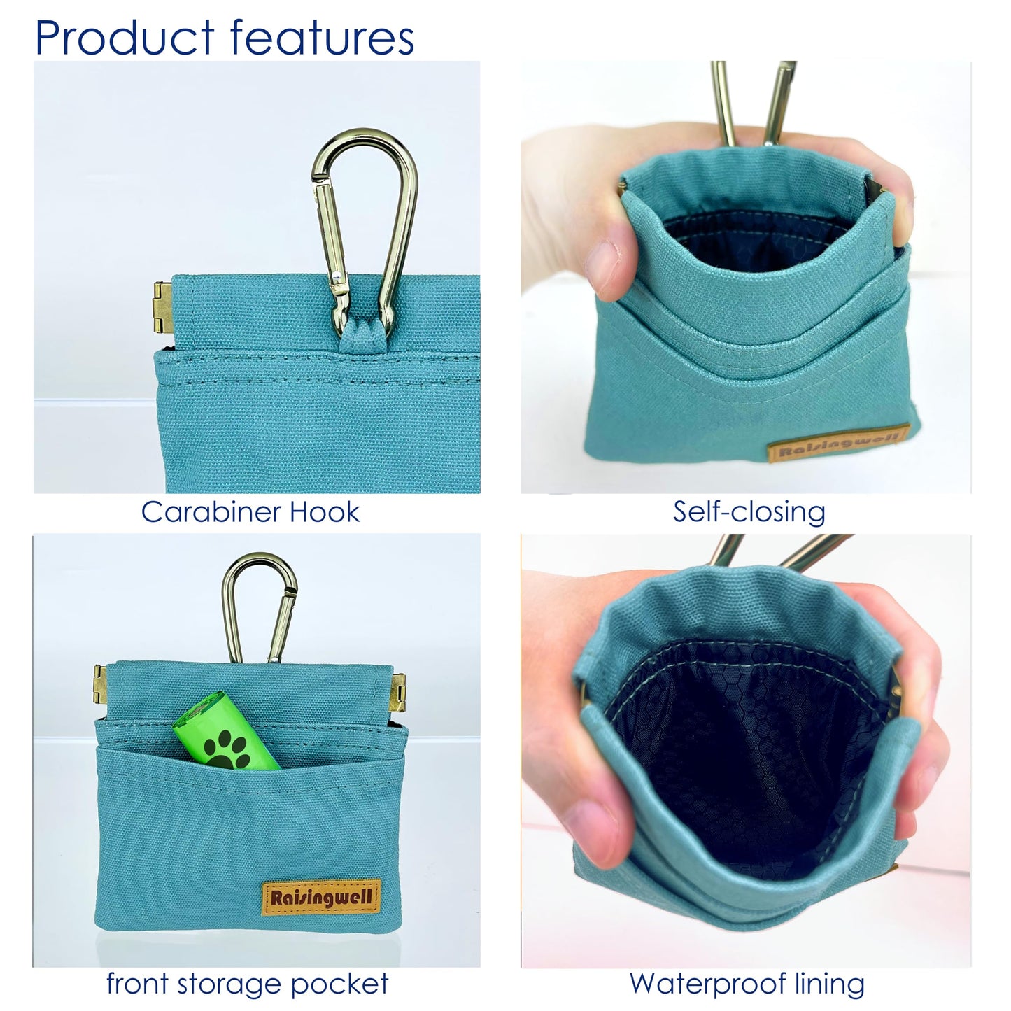 Raisingwell Dog Treat Pouch, Green Pocket Sized Pet Training Pouch, Cotton Fabric, Hand Free Dog Walking Bag with Carabiner, Self-Closing Pet Feed Snack Reward, for Puppy Travel or Outdoor Use