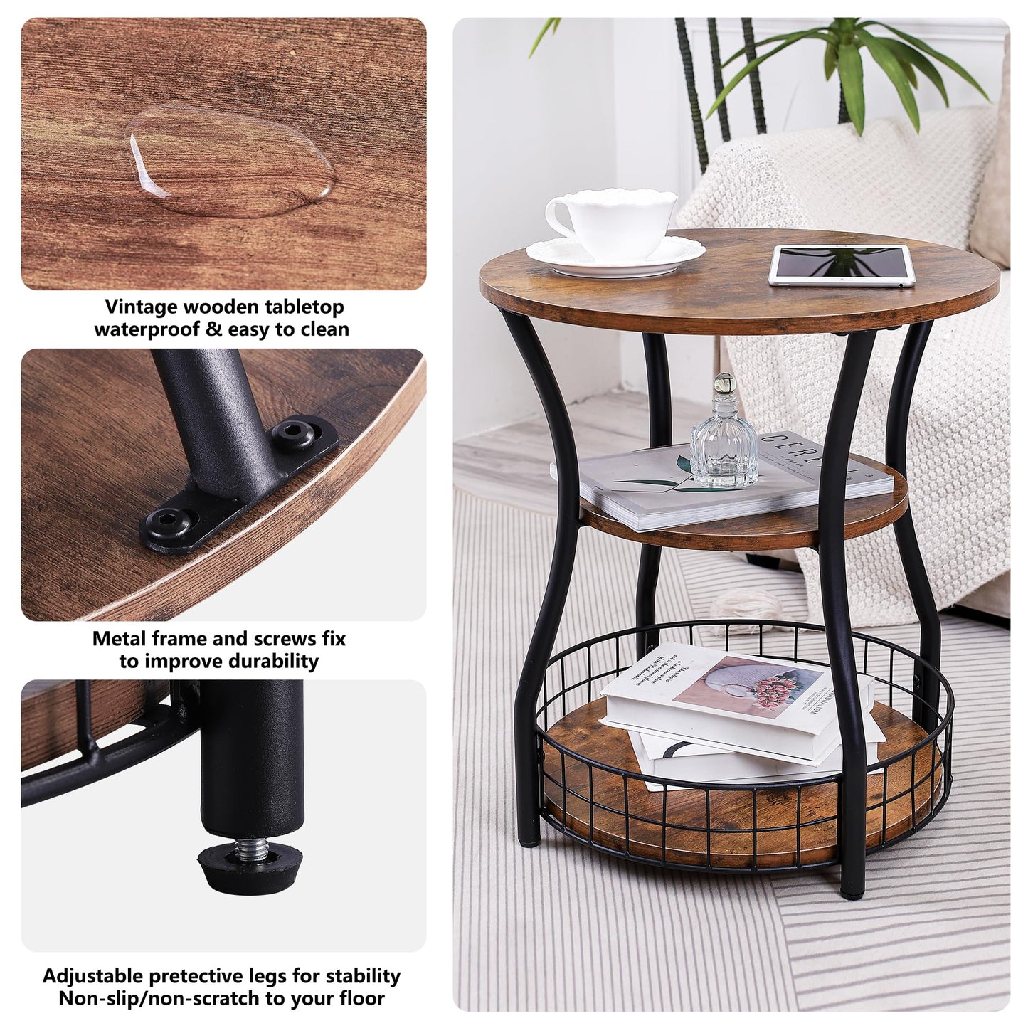 Anlanbor Side Table, 3 Tier Small Round End Table with Storage Shelves for Living Room, Bedroom, Accent Coffee Sofa Couch Table for Small Spaces,Round Nightstand with Metal Frame, Rustic Brown