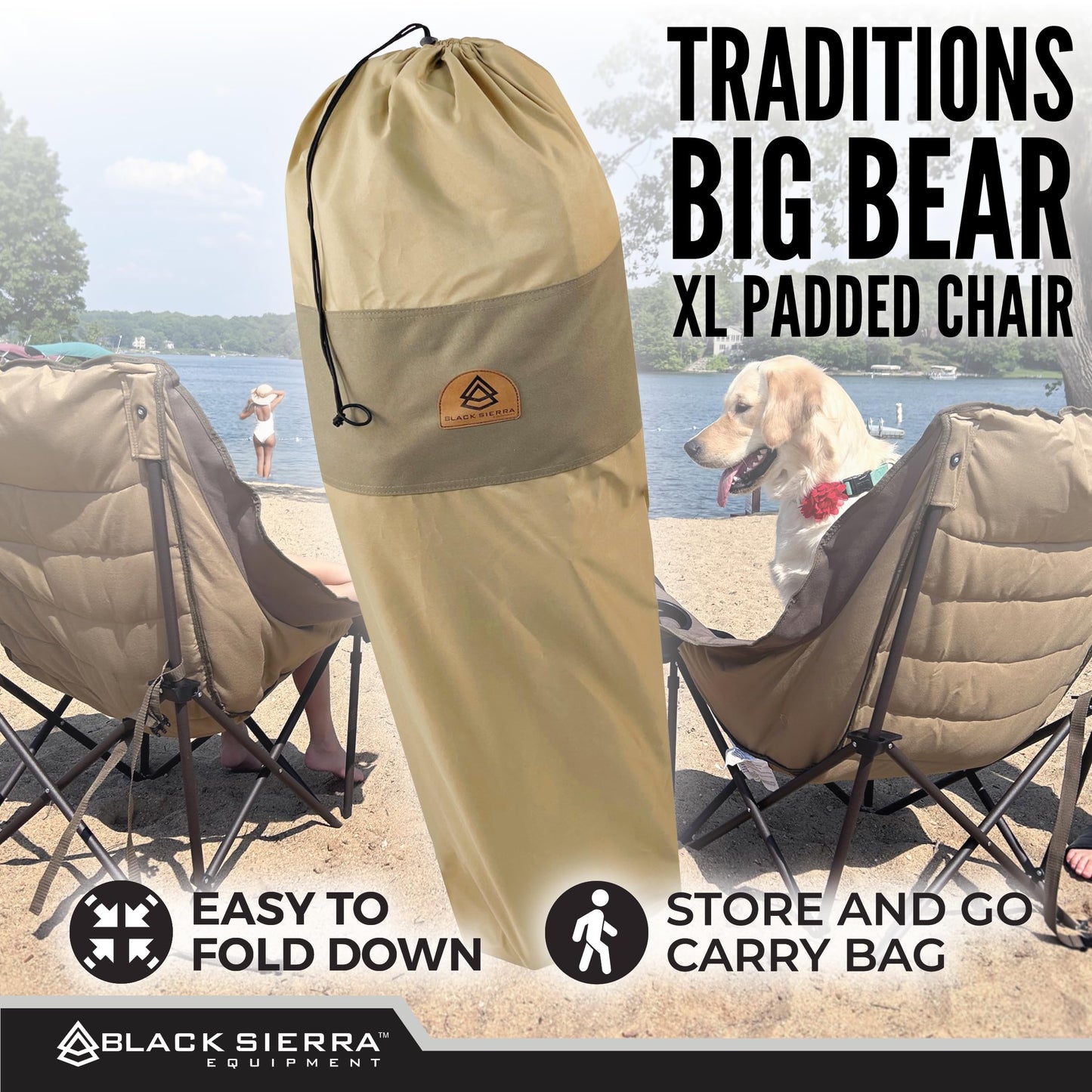 Black Sierra Deluxe Padded Camping Chair for Sports & Outdoors, Oversize XL Outdoor Folding Chair Supports 400 lbs, Heavy Duty Seat w/Dual Cup Holders/Carry Bag Perfect for RV, Tailgating, Glamping