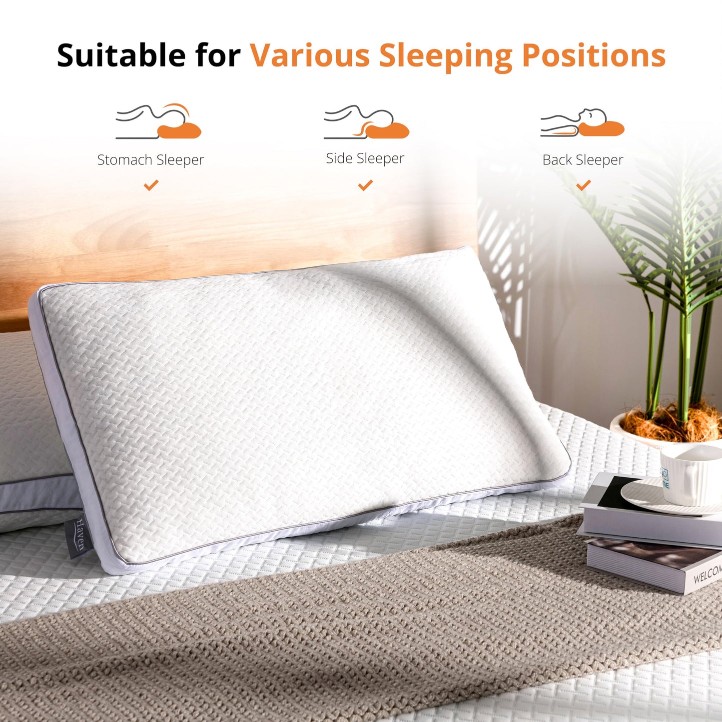 EGOHOME Shredded Memory Foam, Bed Sleeping, Medium Queen Size Side Back Stomach Sleepers, Neck Support Pillow with Washable Removable Cover, Haven King, White