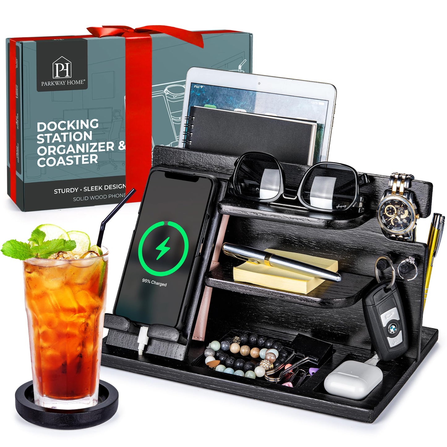 Wood Phone Docking Station - Wood Charging Station Organizer Stand, Bedside Nightstand Organizer for Men and Women, Holds Phone, Tablet, Keys, Glasses, EDC and More