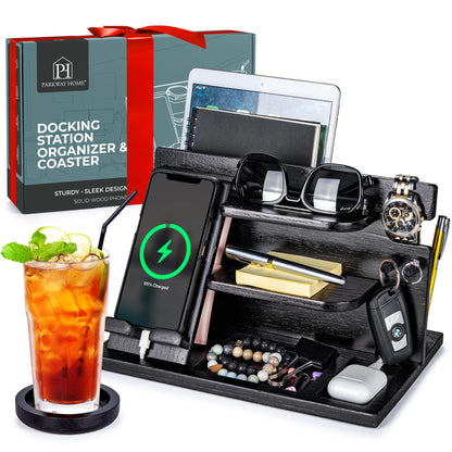 Wood Phone Docking Station - Wood Charging Station Organizer Stand, Bedside Nightstand Organizer for Men and Women, Holds Phone, Tablet, Keys, Glasses, EDC and More