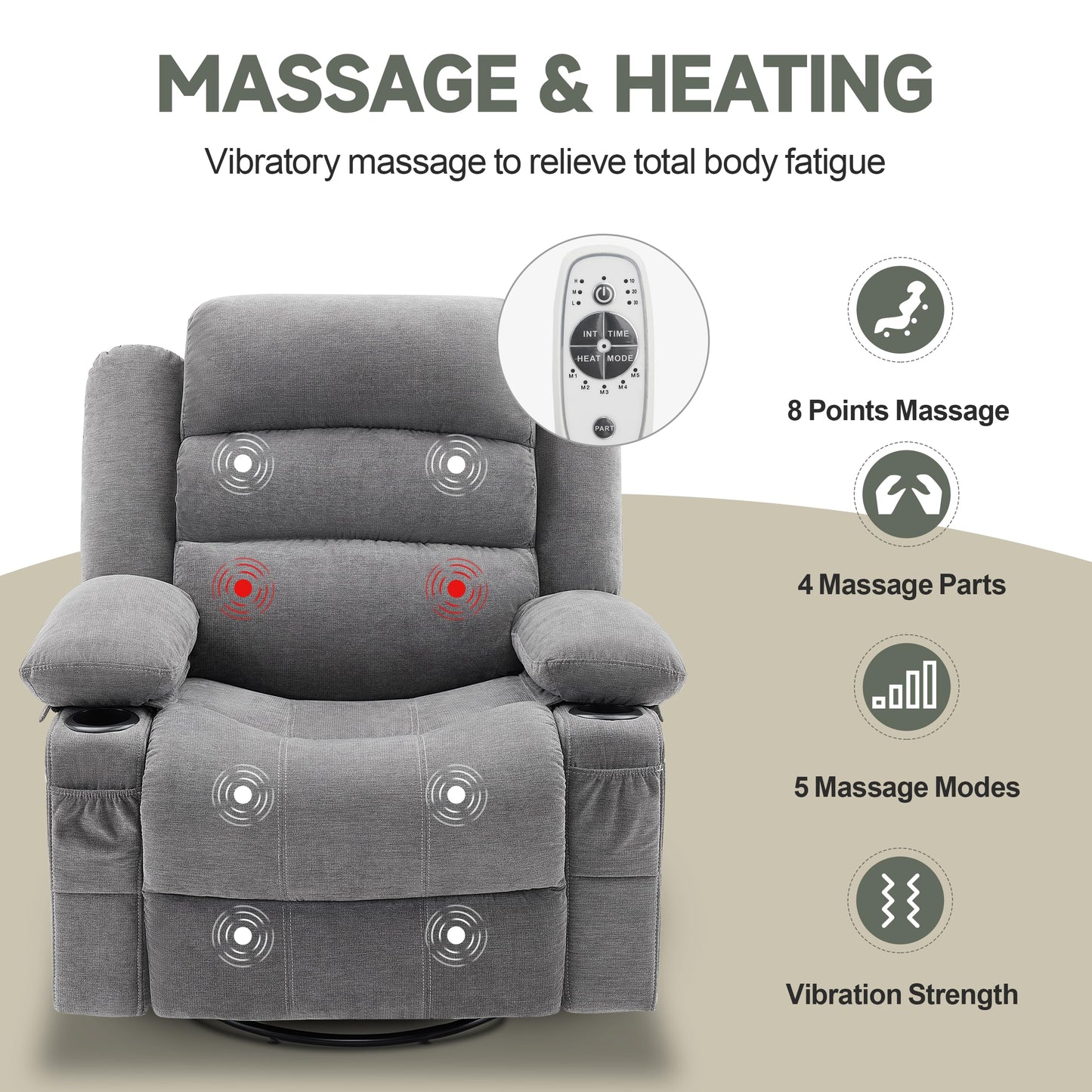 Rocker Recliner Chair with Heat and Massage, 360° Swivel Recliner Chairs for Adults, Oversized Recliner Single Sofa Seat with Cup Holders, Lazy Boy Recliner Single Sofa Seat, Grey