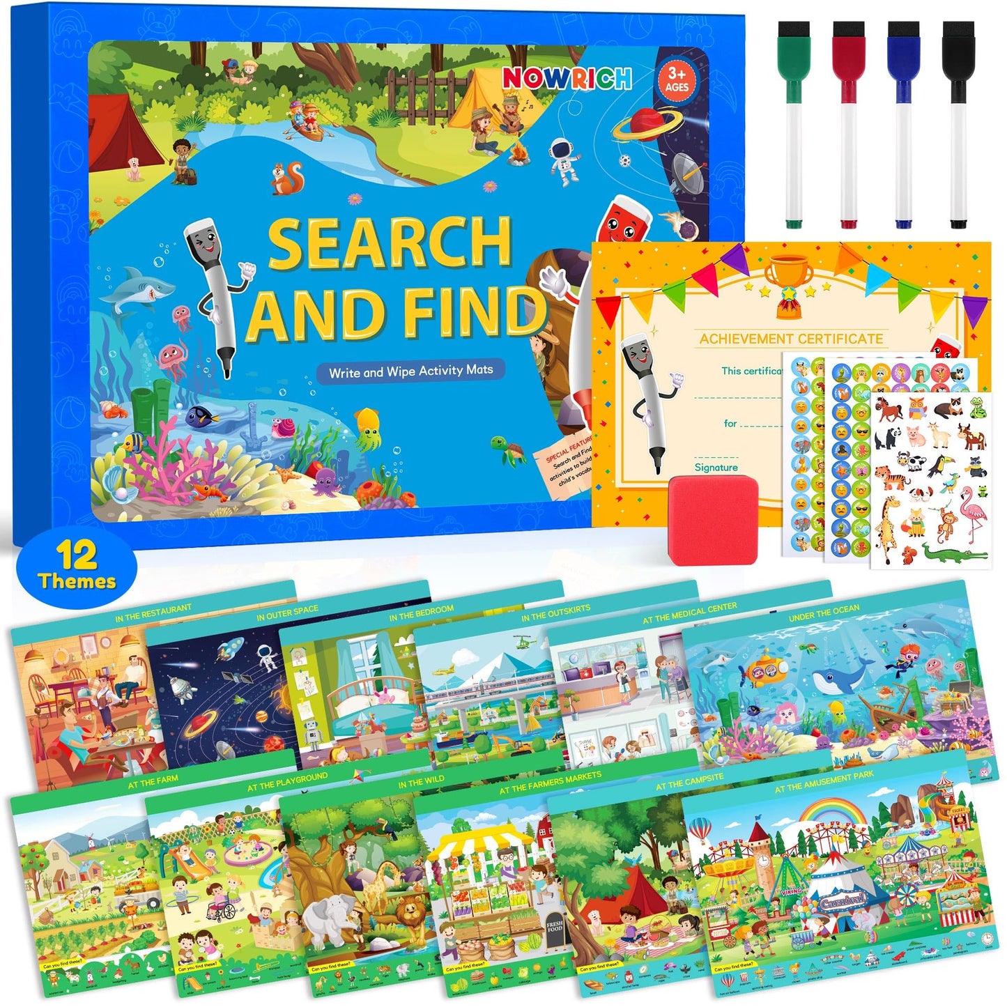 Search and Find Books for Kids Ages 3,4,5,6, Preschool Learning Activities, Educational Reusable Mats for Toddlers, Travel Game Toys for Road Trip Train, Art & Crafts, Birthday Gifts for Girl and Boy
