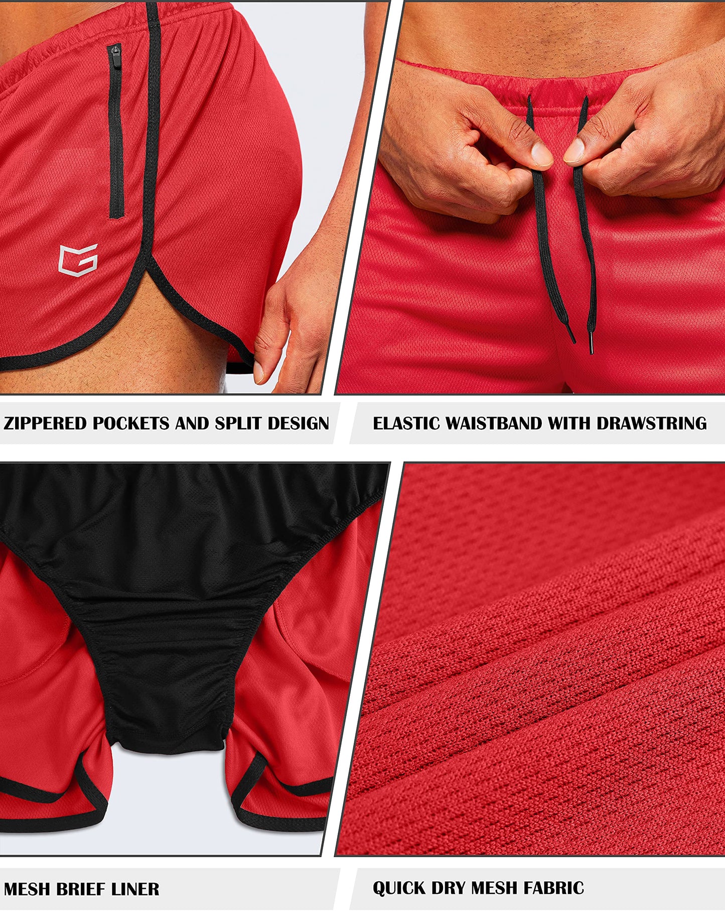 G Gradual Men's Running Shorts 3 Inch Quick Dry Gym Athletic Jogging Shorts with Zipper Pockets (Red, Large)