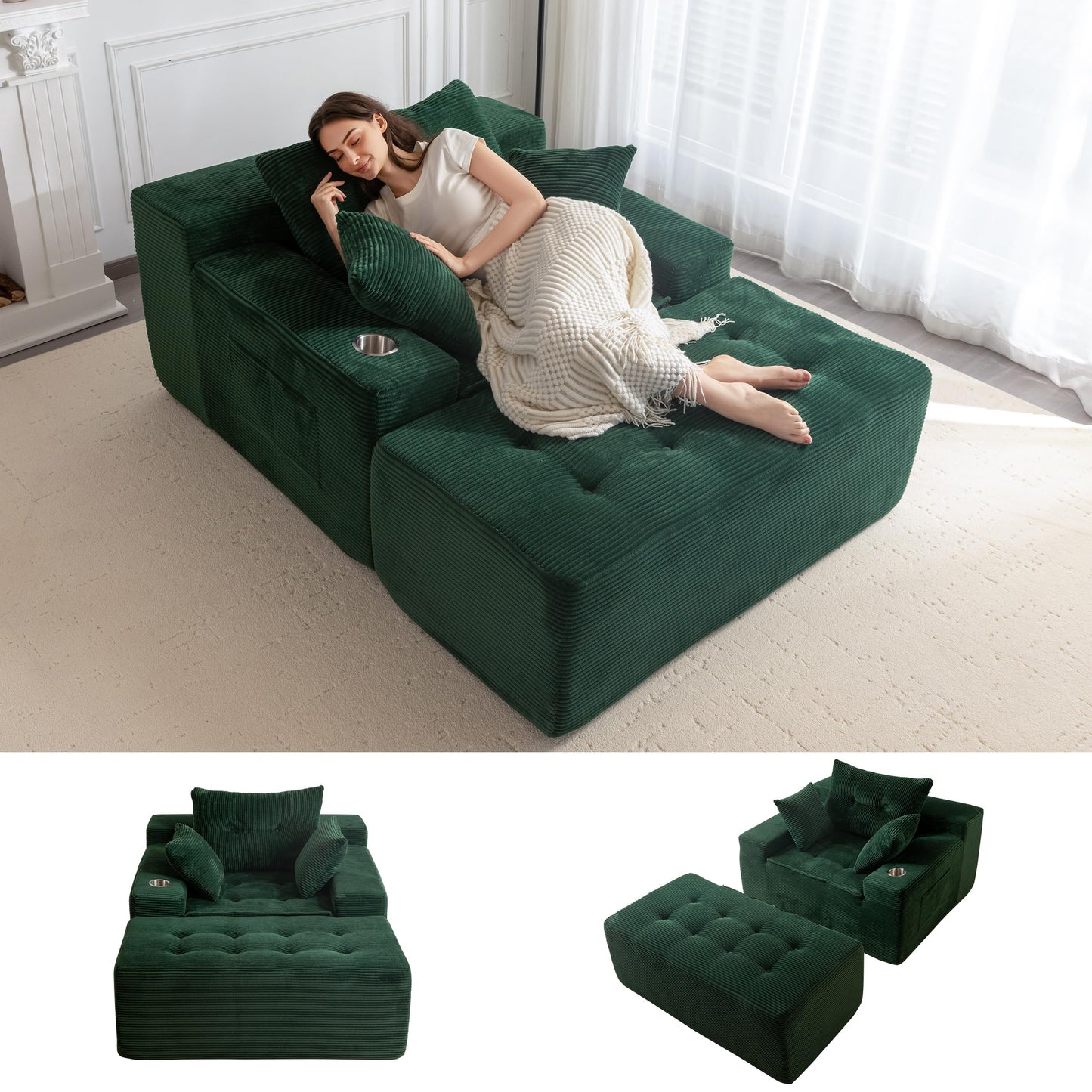 MAXYOYO Oversized Chaise Lounge Sofa, Upholstered Lounge Chair with 3 Pillows Indoor, Tufted Boneless Sofa Couch with Ottoman, Deep Seat Sleeper Chair for Living Room, Bedroom, No Assembly, Green