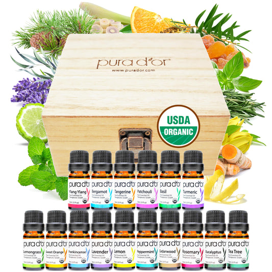 PURA D'OR Organic Perfect10 Essential Oils Set - 10x 10mL Wood Box Aromatherapy Gift Set - 100% Pure Therapeutic Grade for Relaxation and Wellness (Lavender, Peppermint, Eucalyptus, Tea Tree & More)