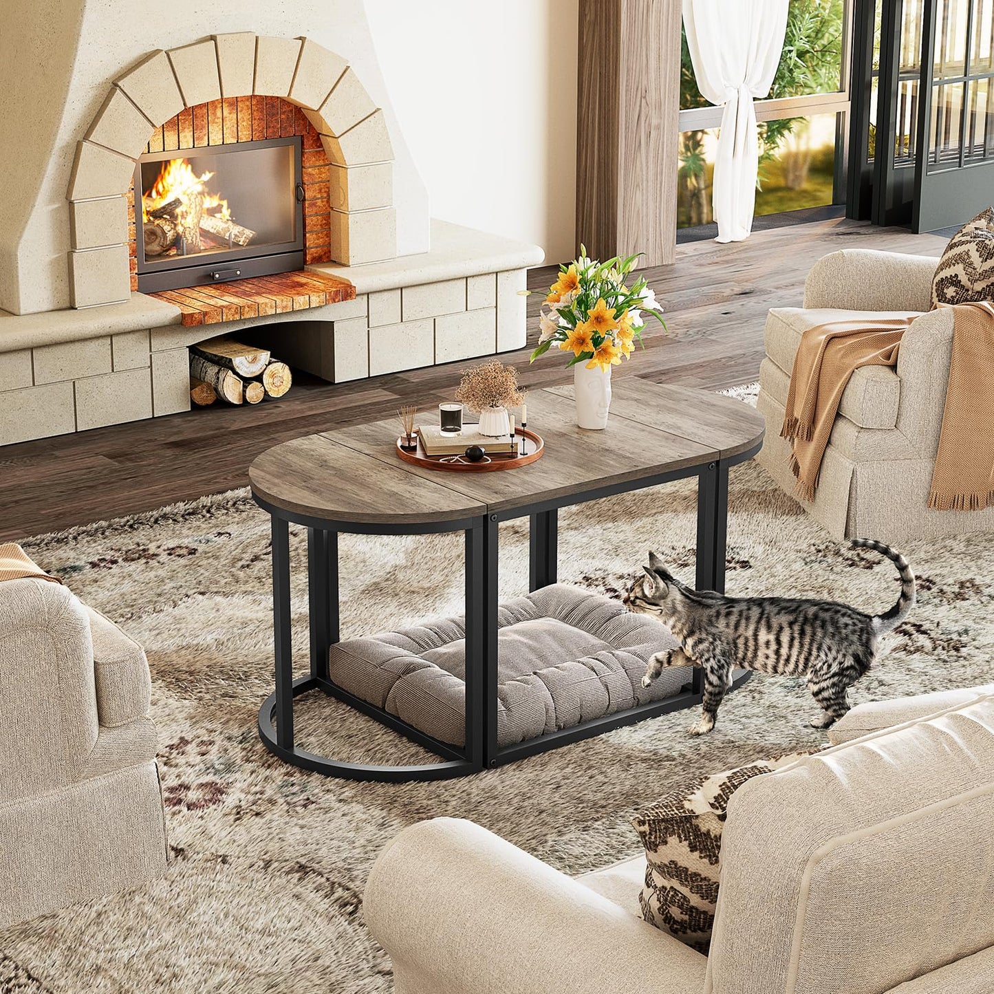 GreenForest Coffee Table Oval 3pcs Set, Modern Living Room Table with 2 End Tables, Small Center Table with Metal Frame for Home Apartment, Gray Wash