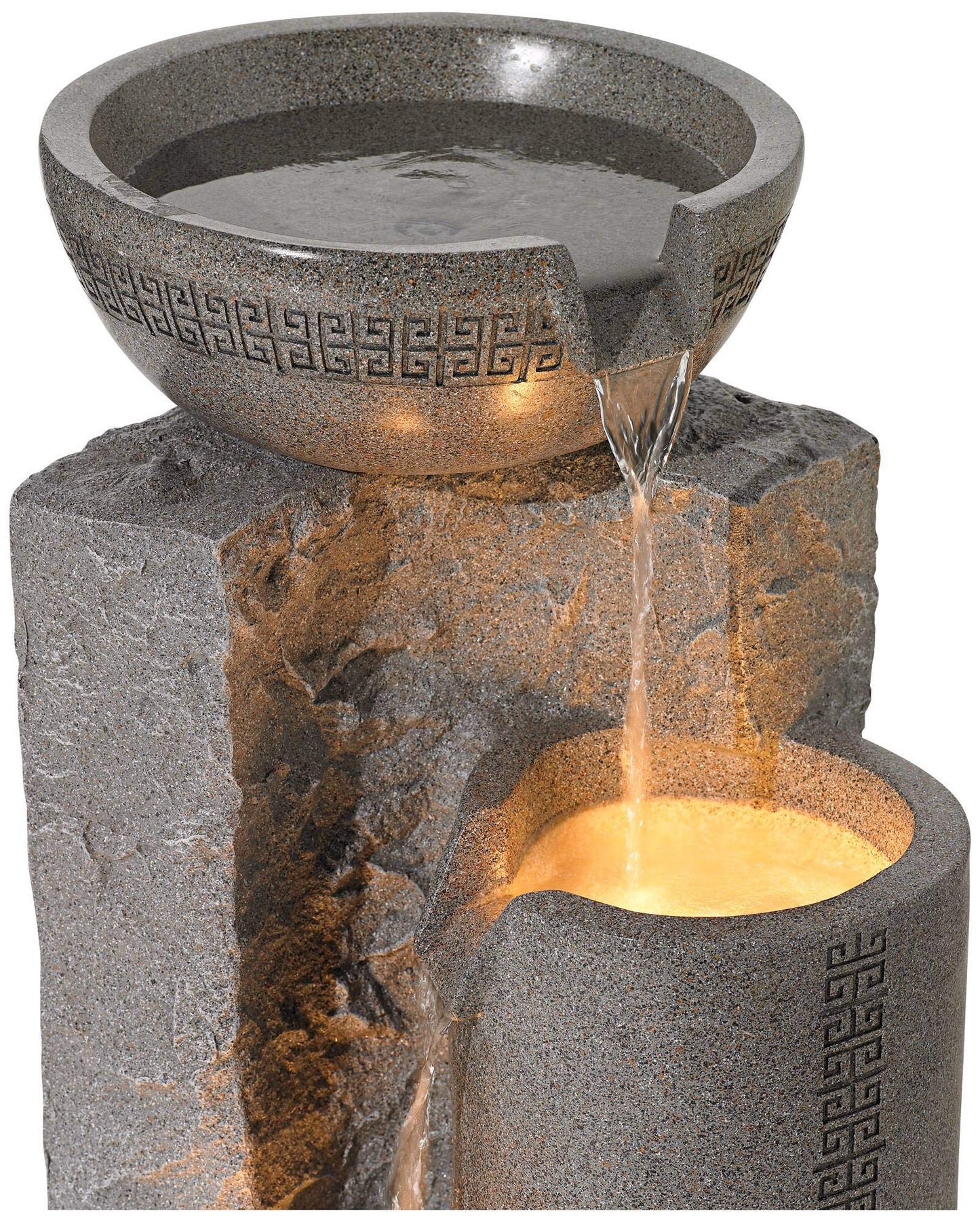 Bowl and Pillar 34 1/2" High Large Modern Zen Outdoor Decor Faux Stone Floor Fountain with Light LED Standing Waterfall Tiered Water Feature for Outside Garden Patio Yard Backyard - John Timberland