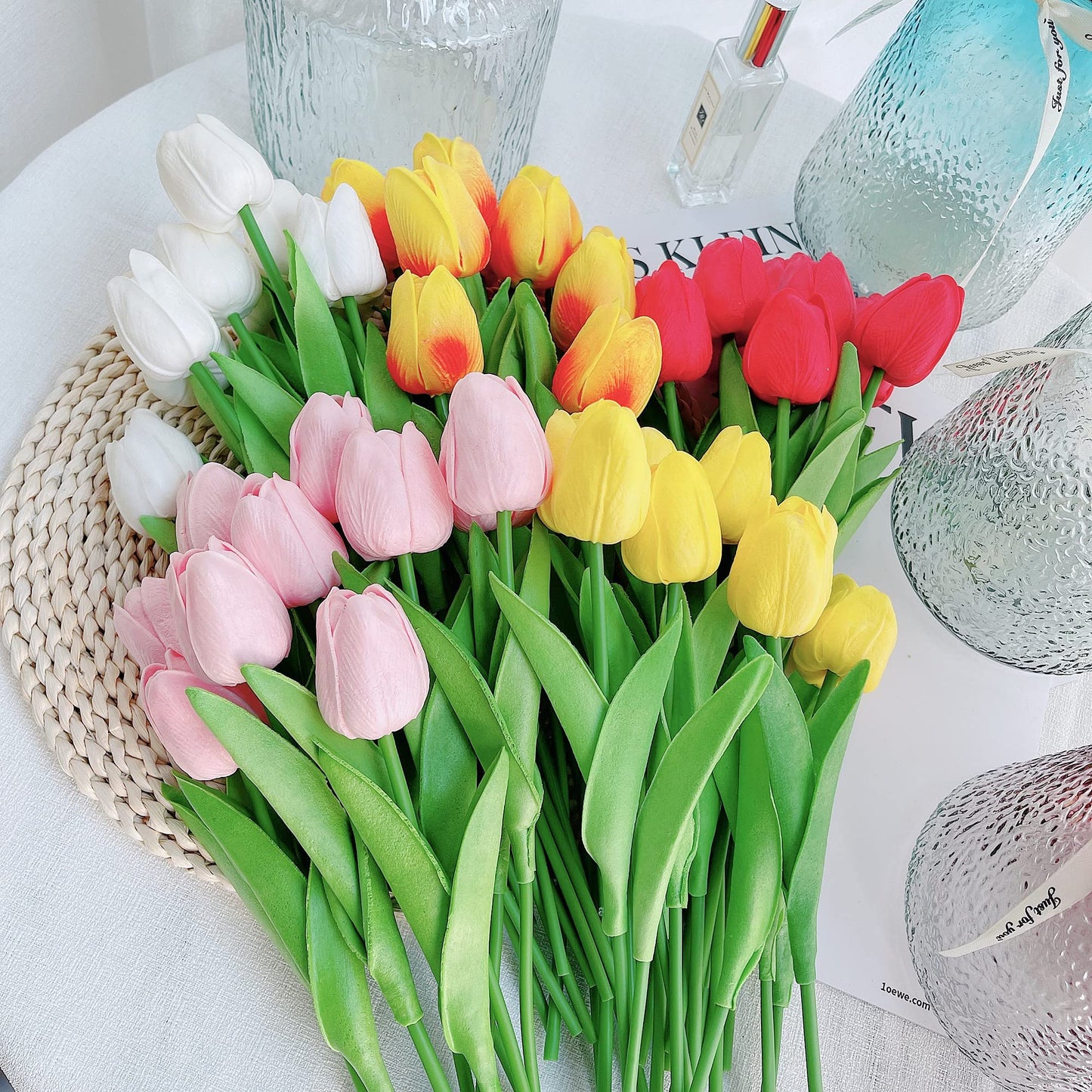 UKELER Pink Tulips Artificial Flowers Bulk 24 Pcs Fragrant Real Touch Artificial Tulip Flowers for Home Kitchen Wedding Birthday Party Decorations
