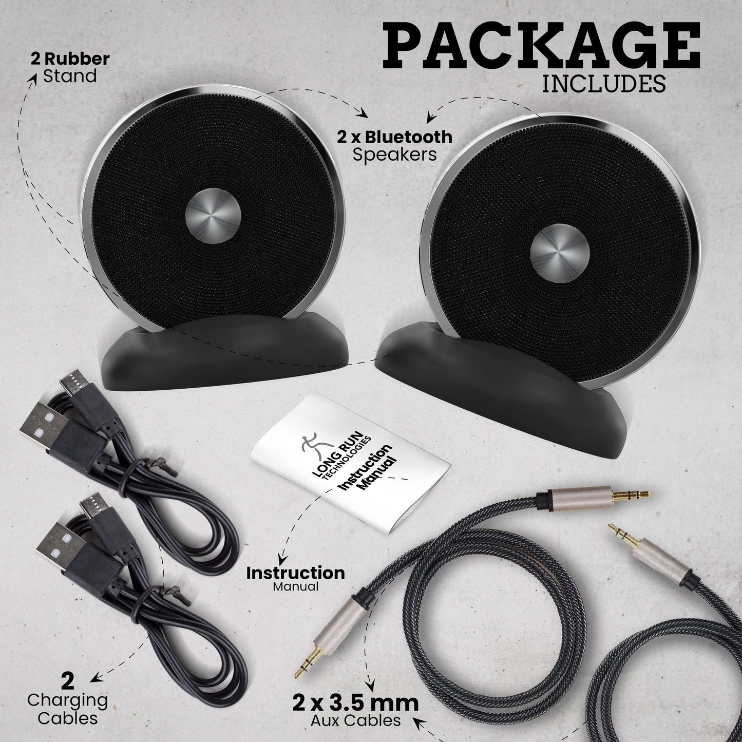 Bluetooth Speaker Set: Wireless Stereo Dual Pairing Portable Twin TWS System With Big Rich Bass Hi-Fi Multi-Room Indoor Outdoor Use Home Deck Pool Work Travel Party Camping Gift Decor Idea (Chrome)