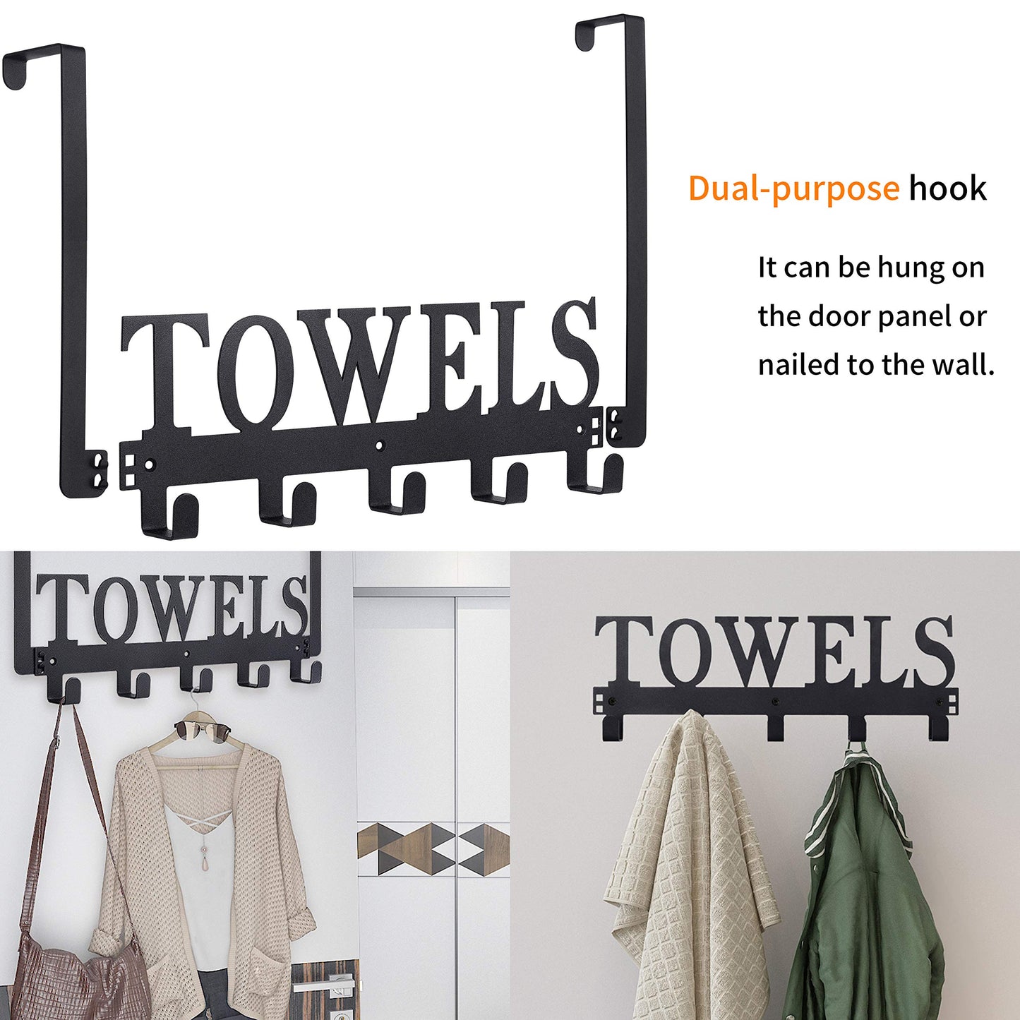 Over The Door Hooks - Towel Holder for Bathroom, Bedroom, Kitchen & Pool - Sandblasted Black Metal Wall Mount