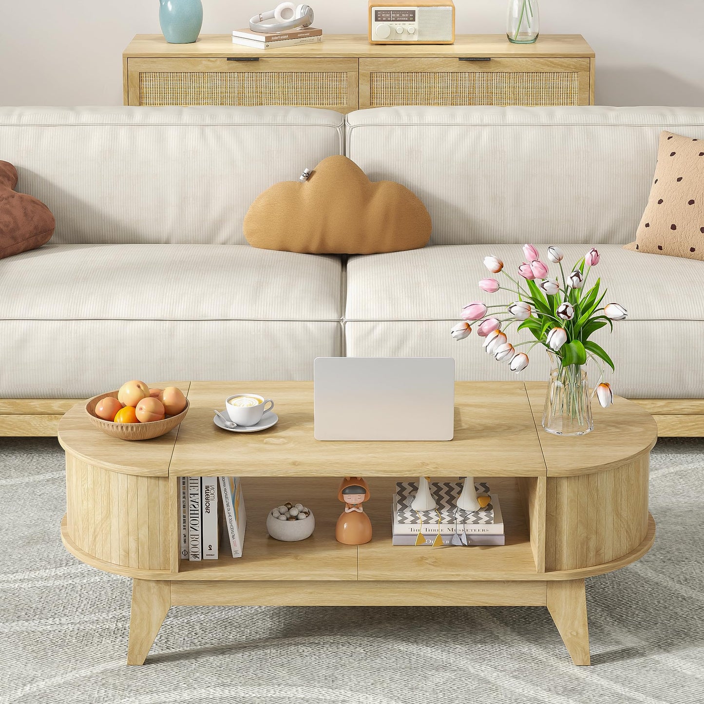 Fsbecl 46.45'' Oval Coffee Tables for Living Room, Mid Century Modern Coffee Table with Storage, Wood Fluted Accent Center Table with Flip-Top Lids for Home,Office (Wood Color)