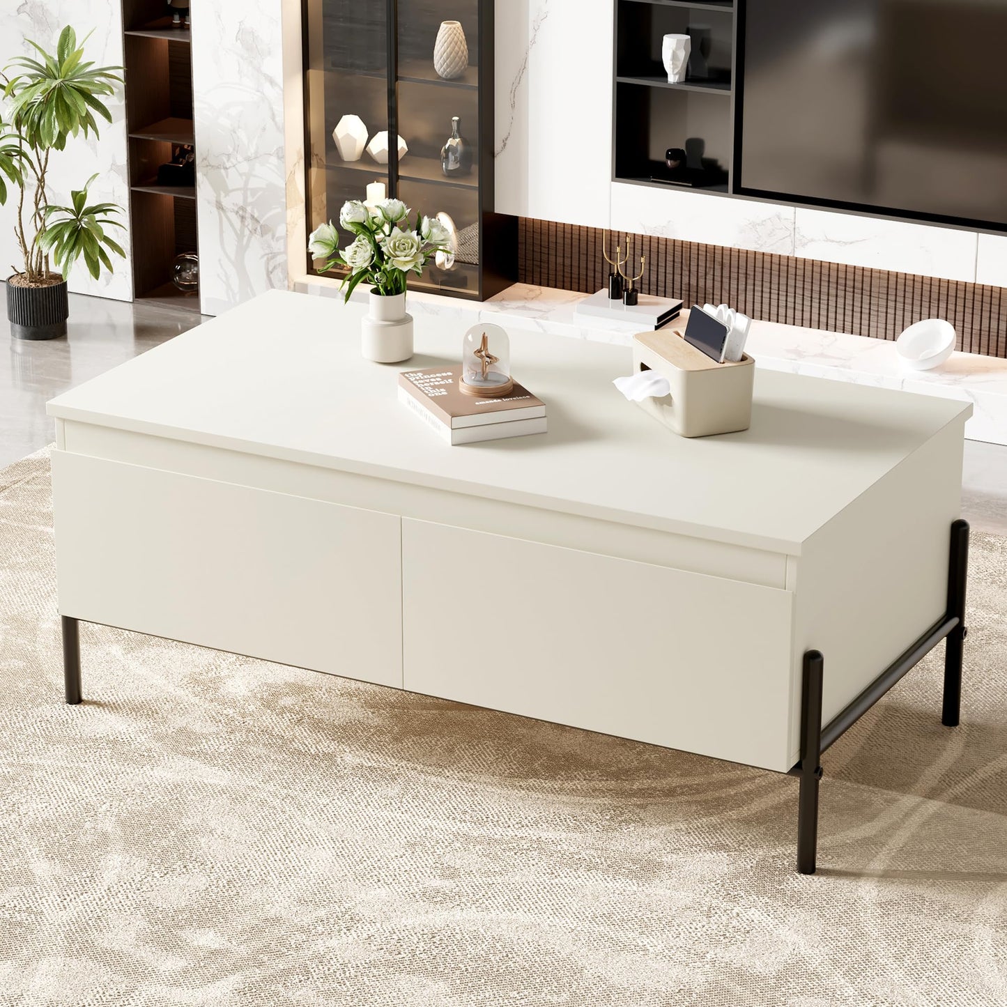 CABIHOME White Coffee Table with Drawers, Center Table Rectangle Coffee Table with Back Open Shelf, Center Table with Thickened Metal Leg Easy Assemble