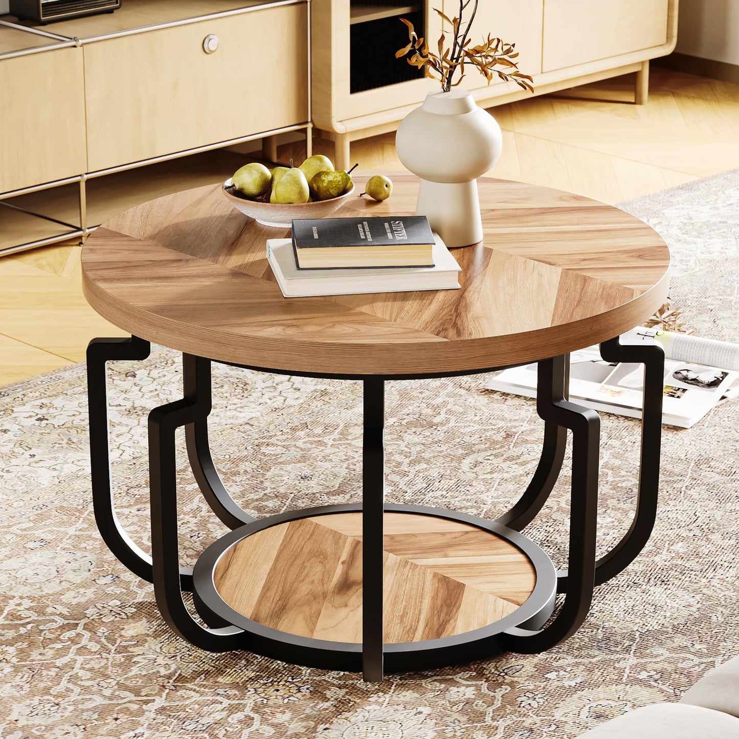 LIKEMET Round Coffee Table, 32" Circle Coffee Table for Living Room with 2-Tier Storage Shelves, Pumpkin Accent Center Table with Wood Grain Desktop for Living Room, Halloween