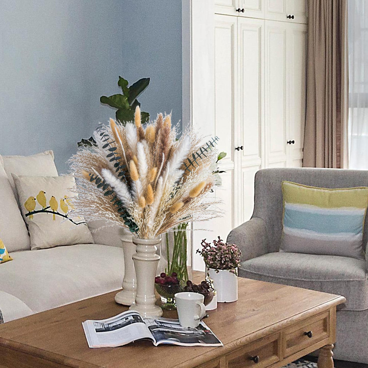 WILD AUTUMN Pampas Grass Decor Natural Dried Pampas Boho Home Decor Bouquet Dried Flowers Eucalyptus Bouquet for Wedding Floral Arrangements Table Decor Rustic Farmhouse (White&Green)